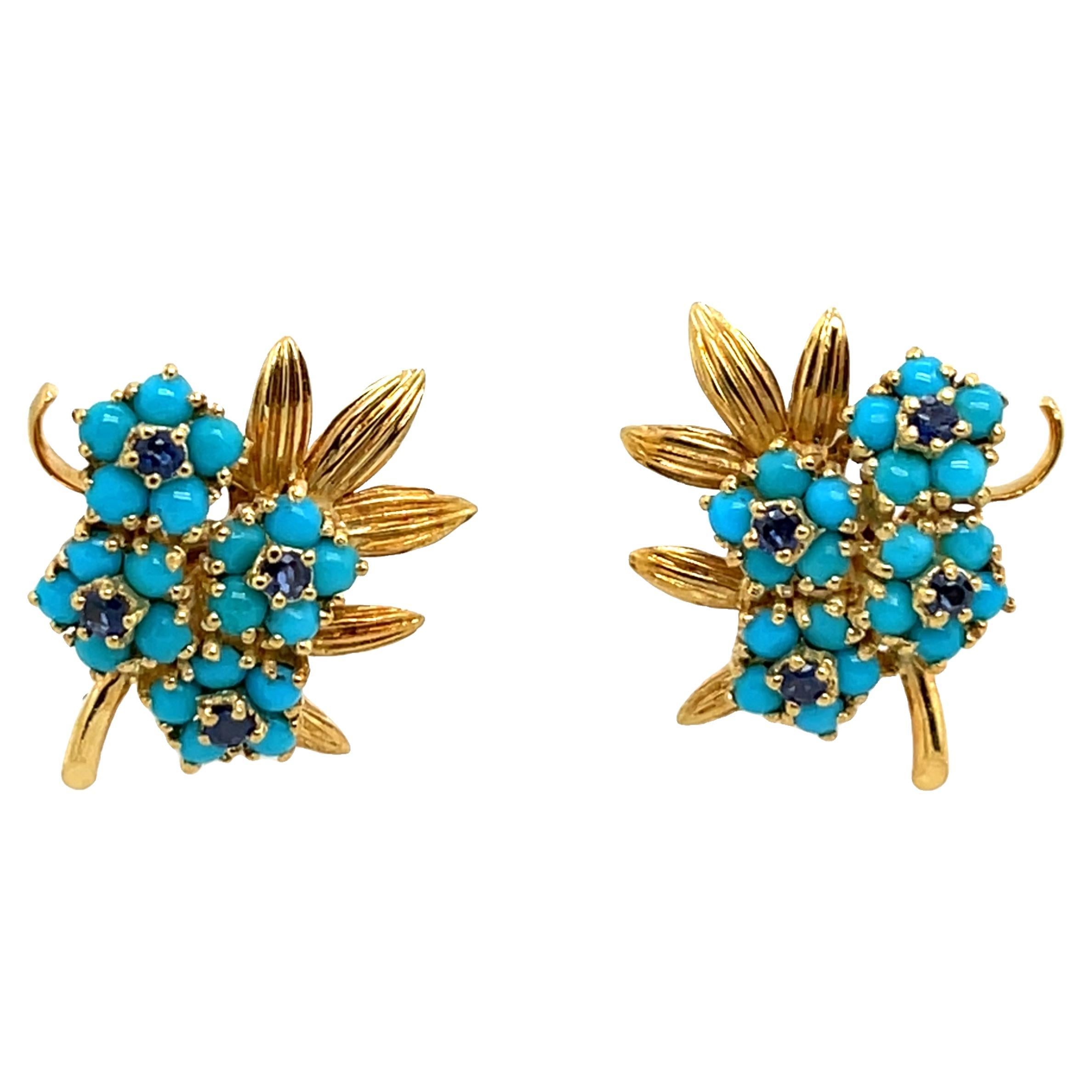 Vintage Turquoise & Sapphires Flower Earrings set In 18ct Yellow Gold