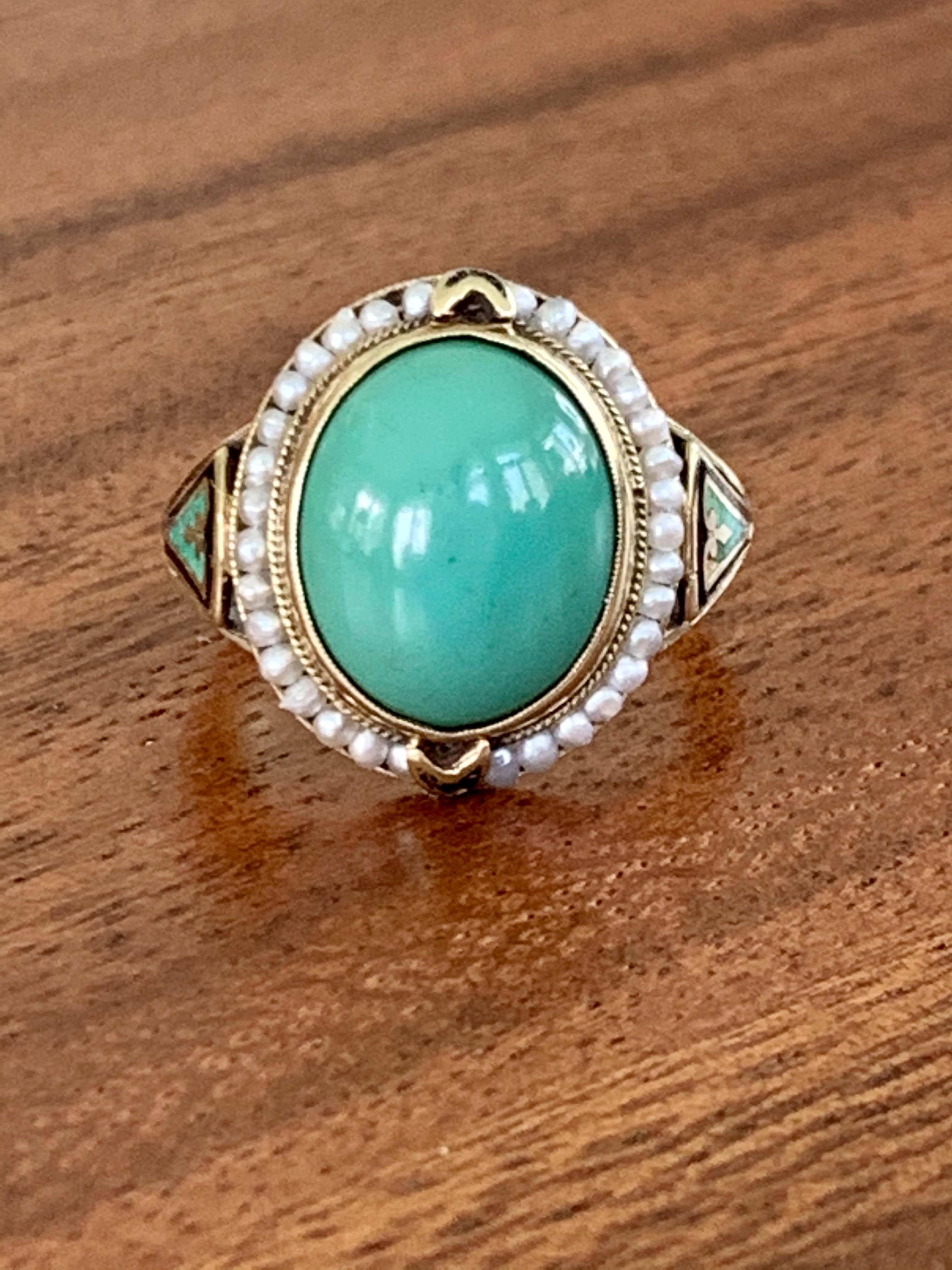 Vintage Turquoise, Seed Pearl and Enamel 14 Karat Yellow Gold,  As Is In Good Condition In St. Louis Park, MN