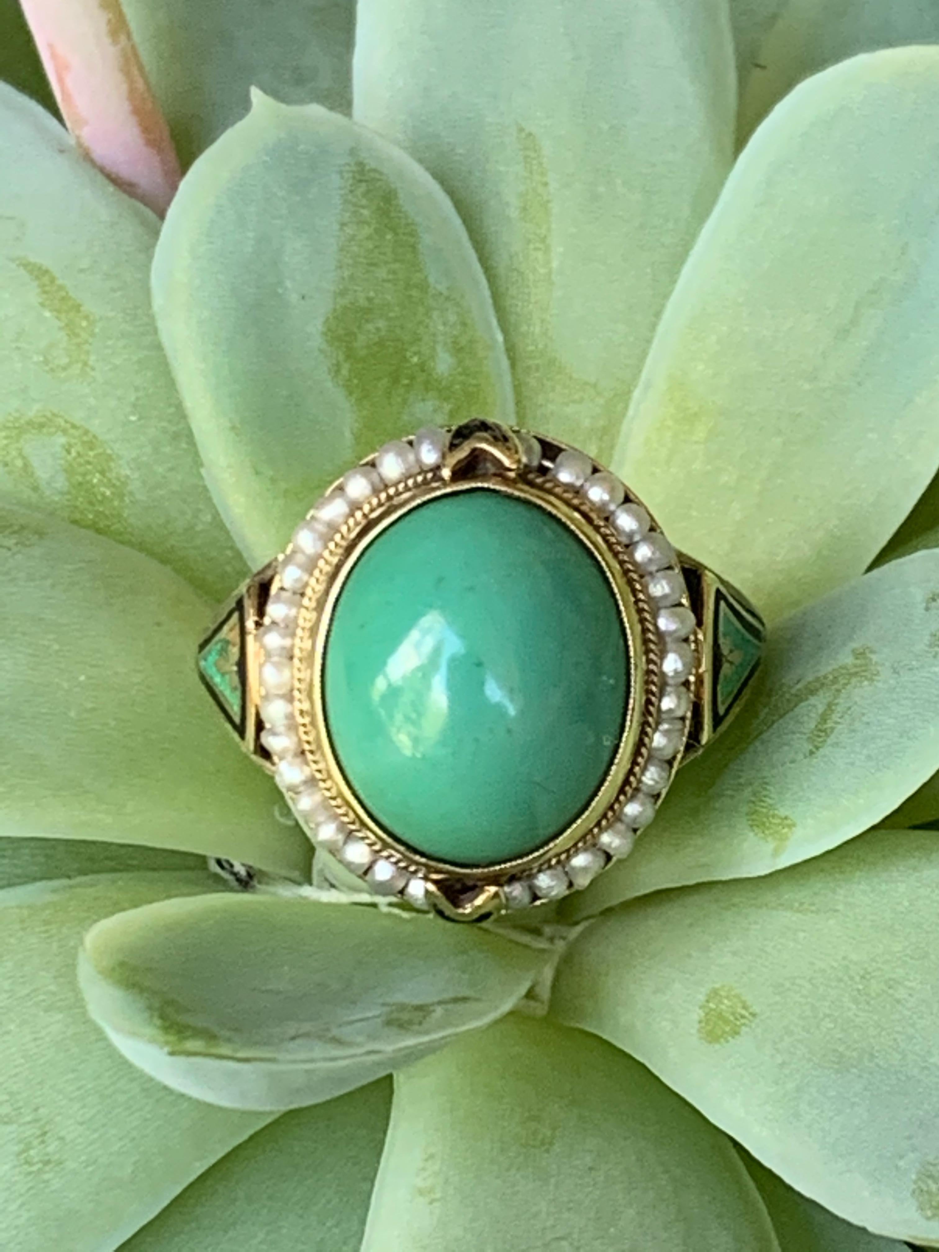 Vintage Turquoise, Seed Pearl and Enamel 14 Karat Yellow Gold,  As Is 3