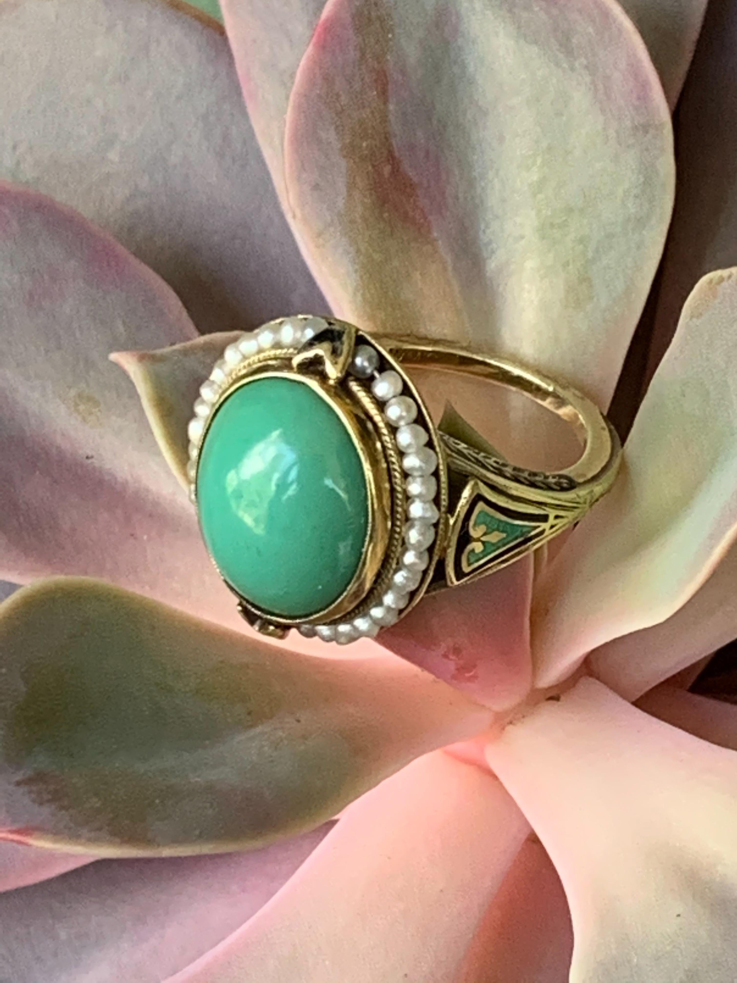 Vintage Turquoise, Seed Pearl and Enamel 14 Karat Yellow Gold,  As Is 4