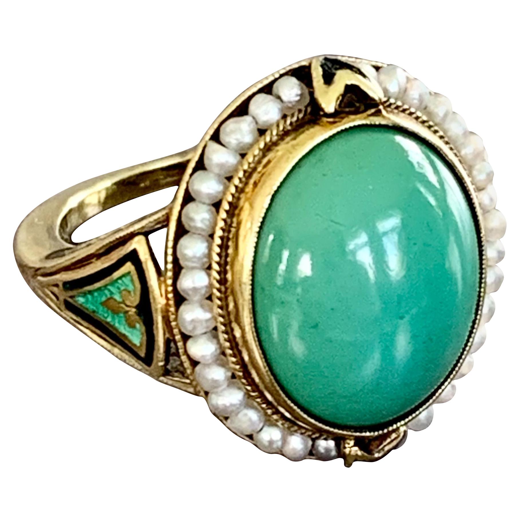 Vintage Turquoise, Seed Pearl and Enamel 14 Karat Yellow Gold,  As Is