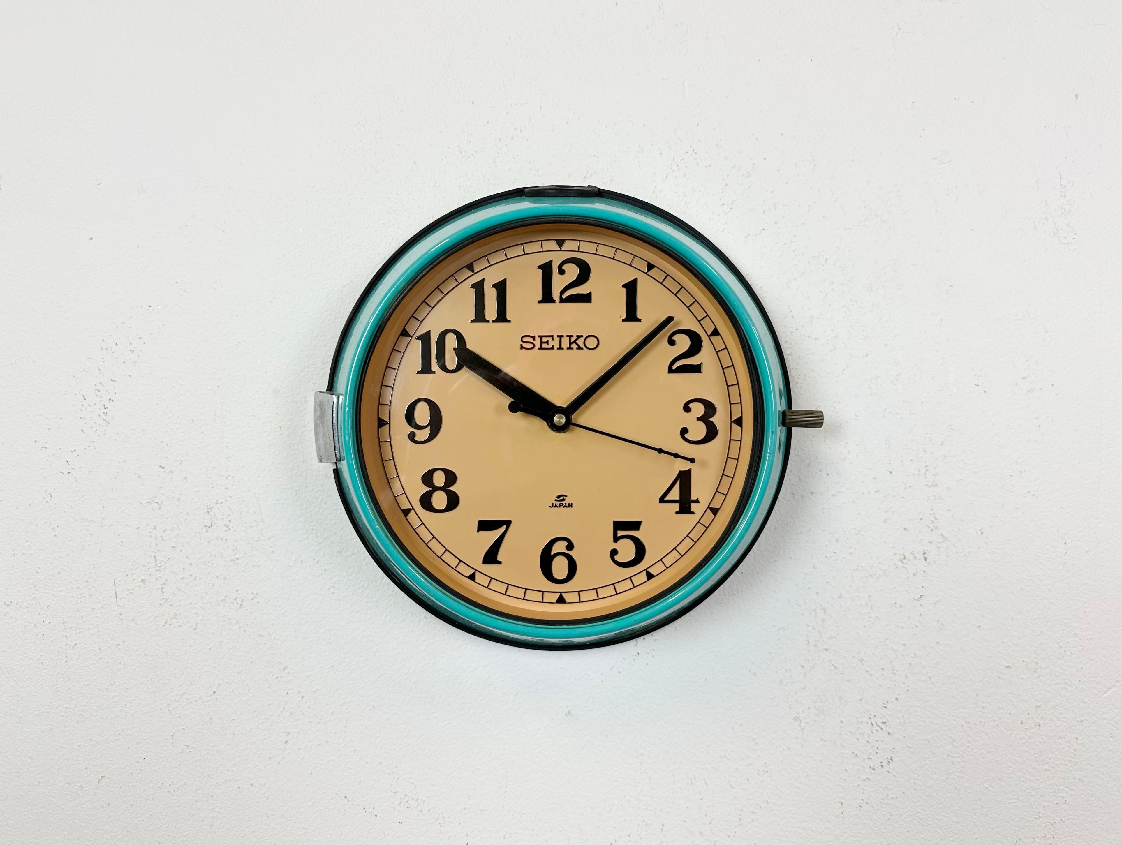 Industrial Vintage Turquoise Seiko Maritime Wall Clock, 1970s