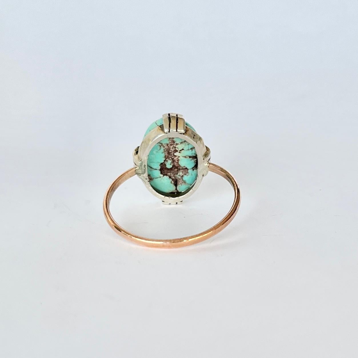 Cabochon Vintage Turquoise Silver and 15 Carat Rose Gold Ring For Sale