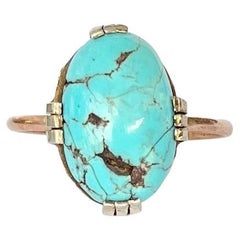 Retro Turquoise Silver and 15 Carat Rose Gold Ring