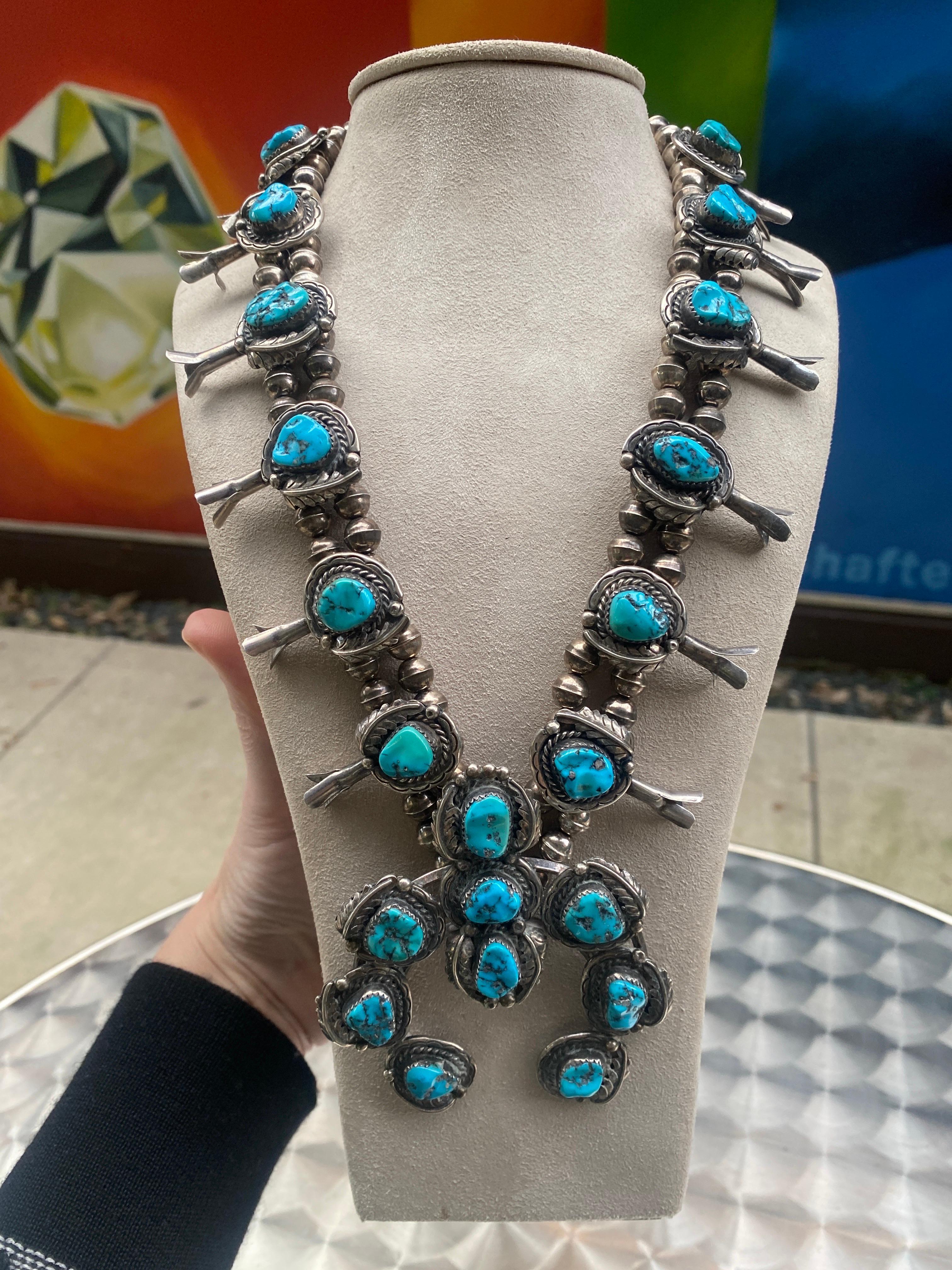 Vintage Turquoise Squash Blossom Necklace For Sale 2