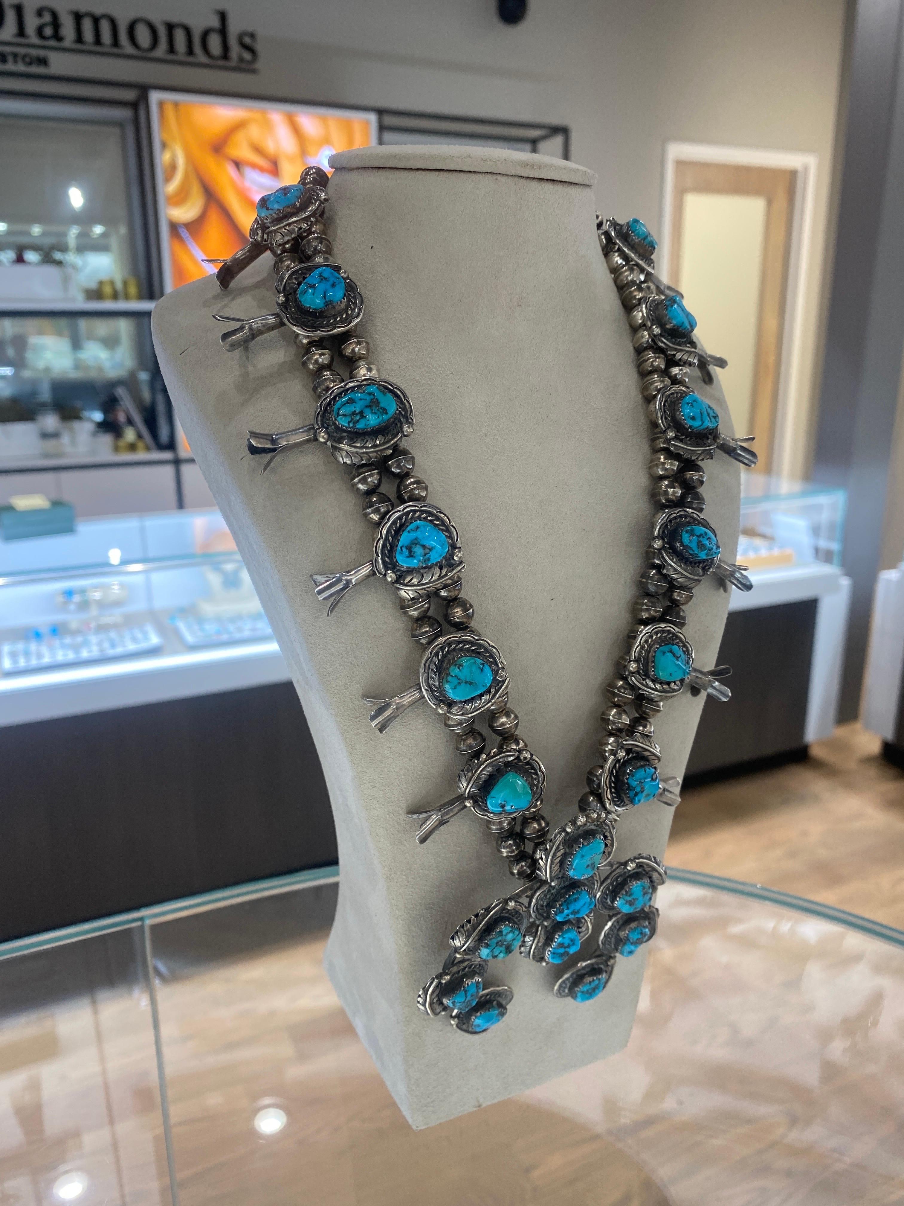 Item # 509F- Lg Heavy Vintage Navajo 20 Stone Turquoise Sterling Silver Squashblossom  Necklace —Men's and Women's Turquoise Necklaces ~ Native American Necklaces