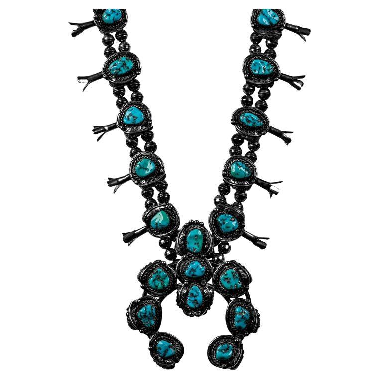 Vintage Turquoise Squash Blossom Necklace For Sale