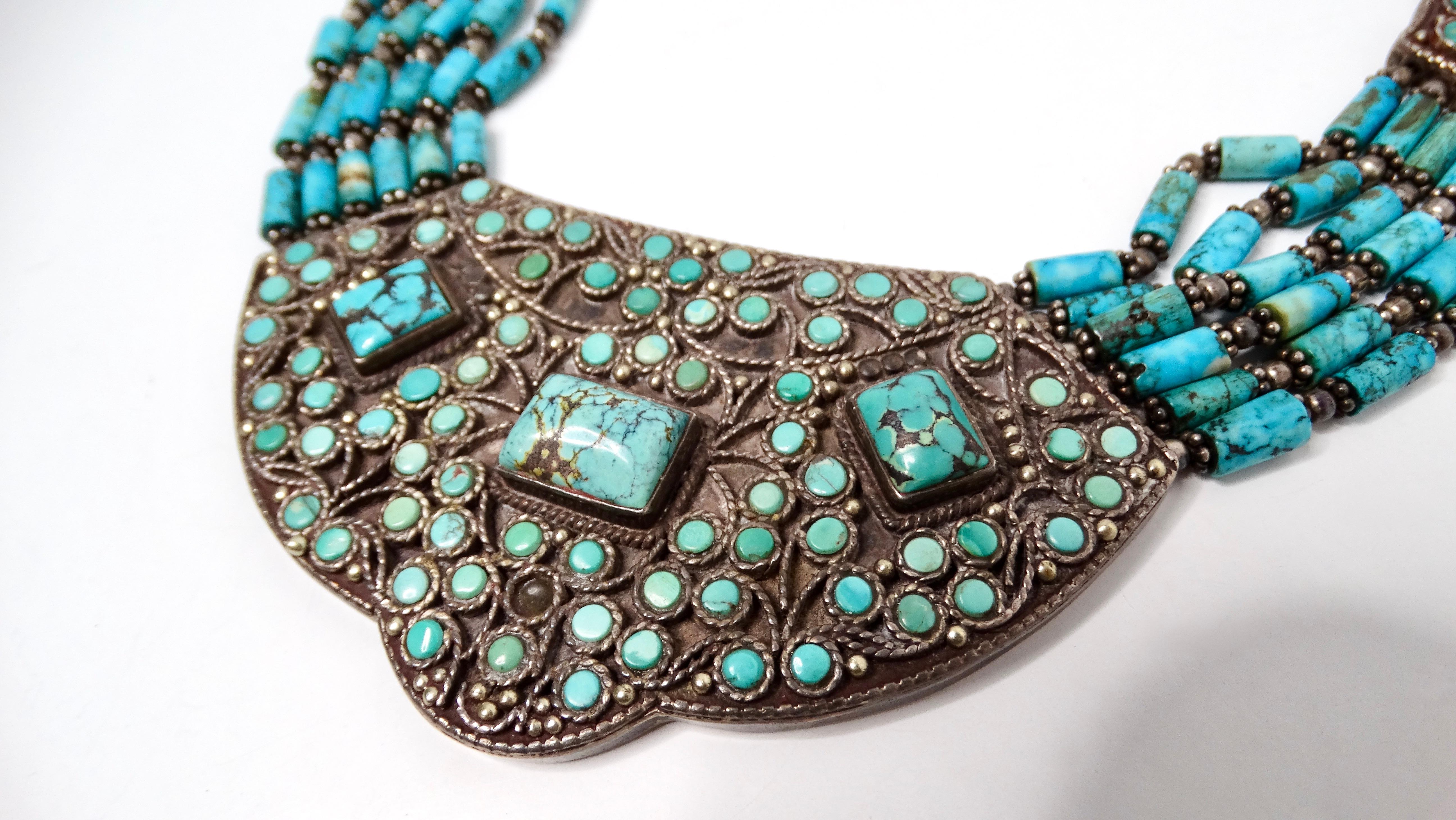 Vintage Turquoise & Sterling Silver Beaded Collar Necklace In Good Condition For Sale In Scottsdale, AZ