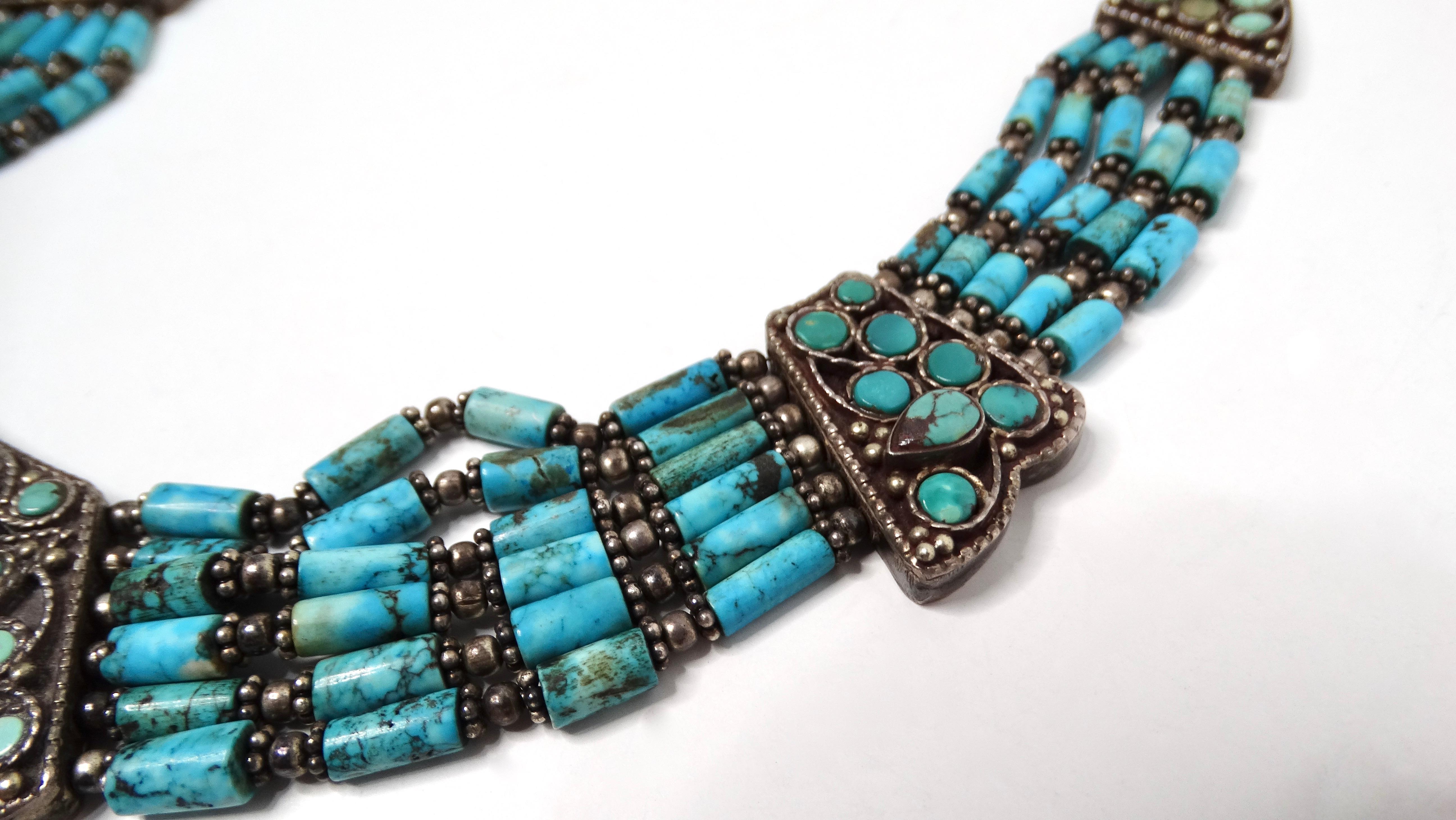 Women's Vintage Turquoise & Sterling Silver Beaded Collar Necklace For Sale