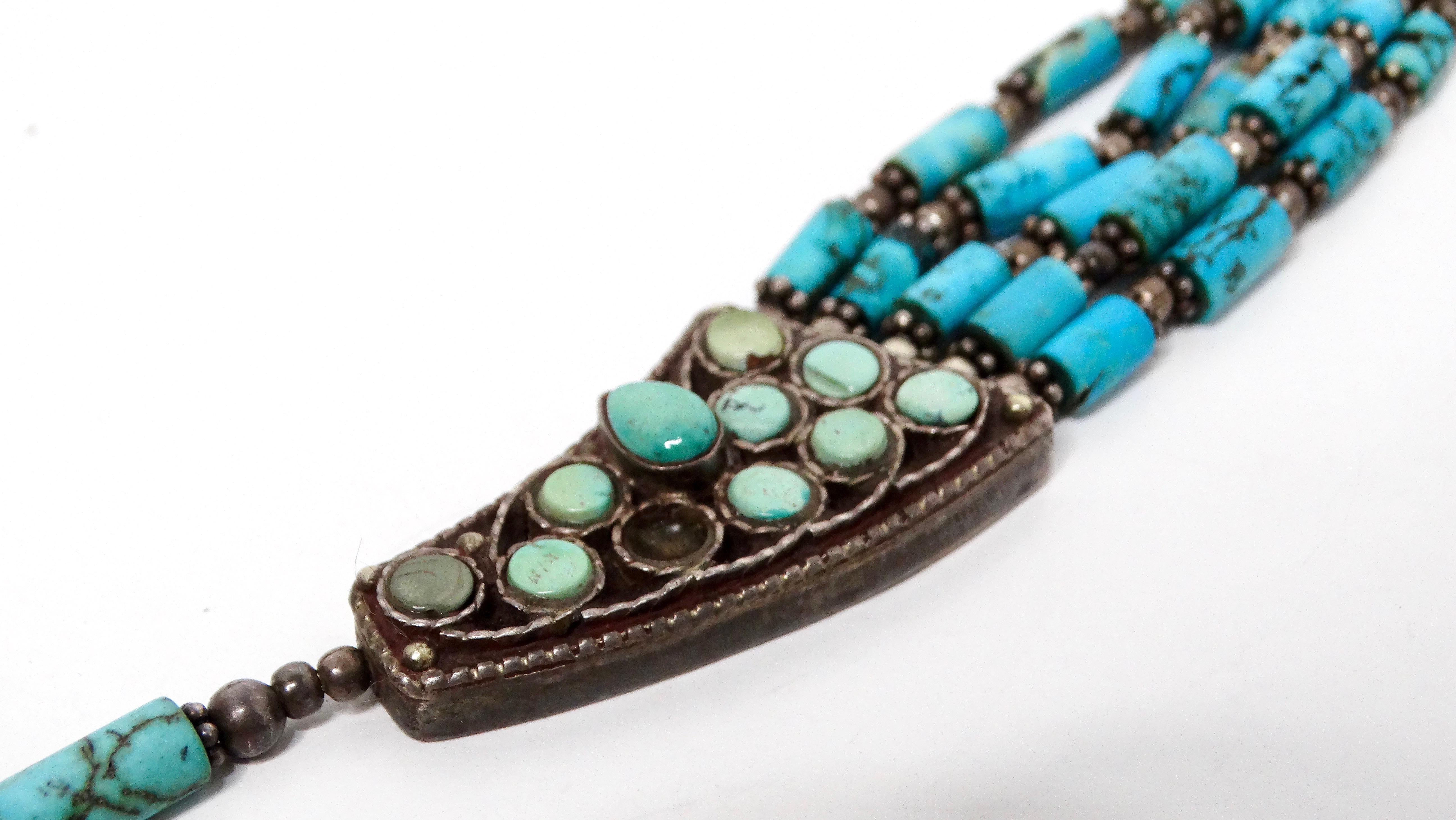 Vintage Turquoise & Sterling Silver Beaded Collar Necklace For Sale 1