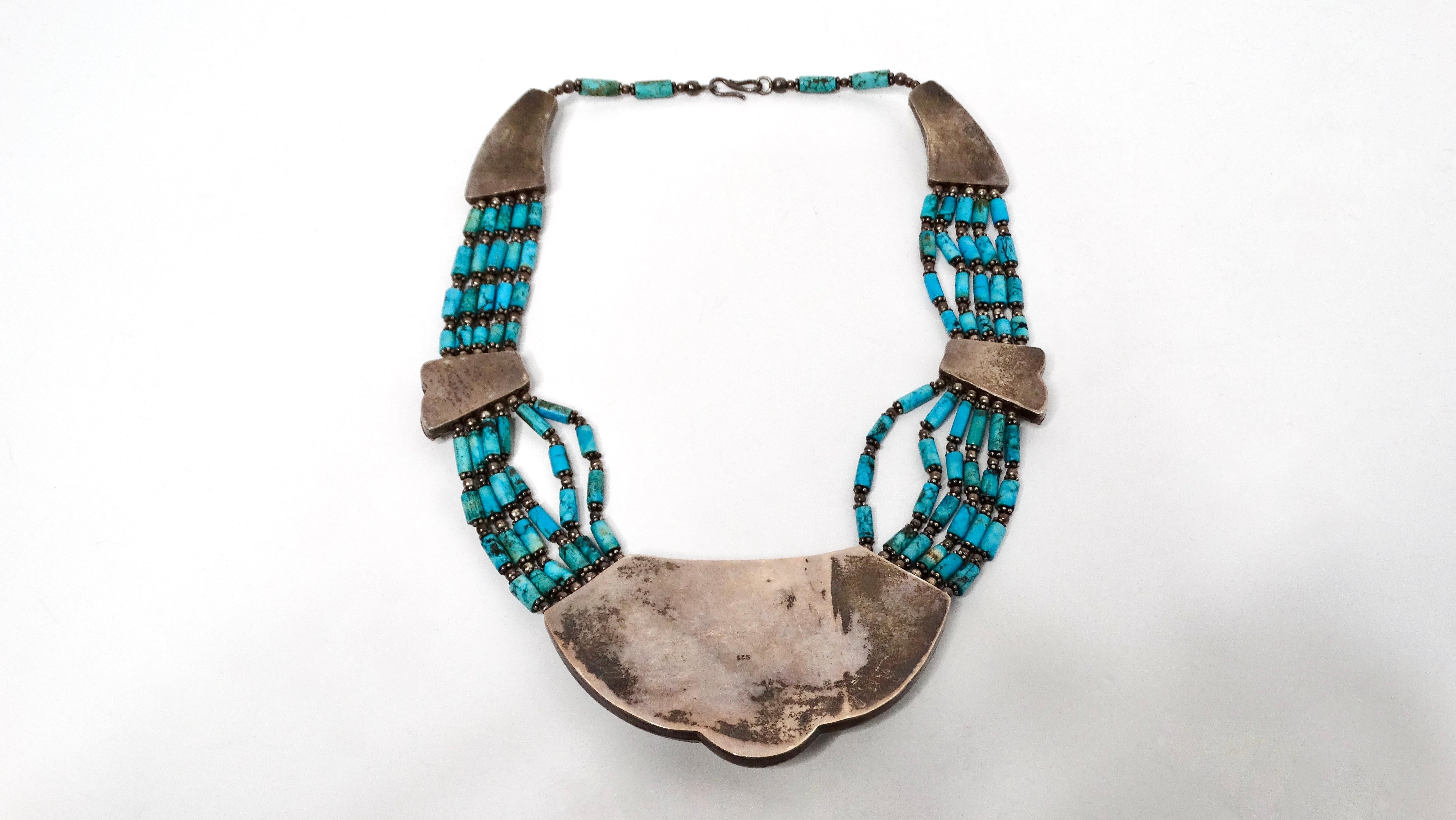 Vintage Turquoise & Sterling Silver Beaded Collar Necklace For Sale 3