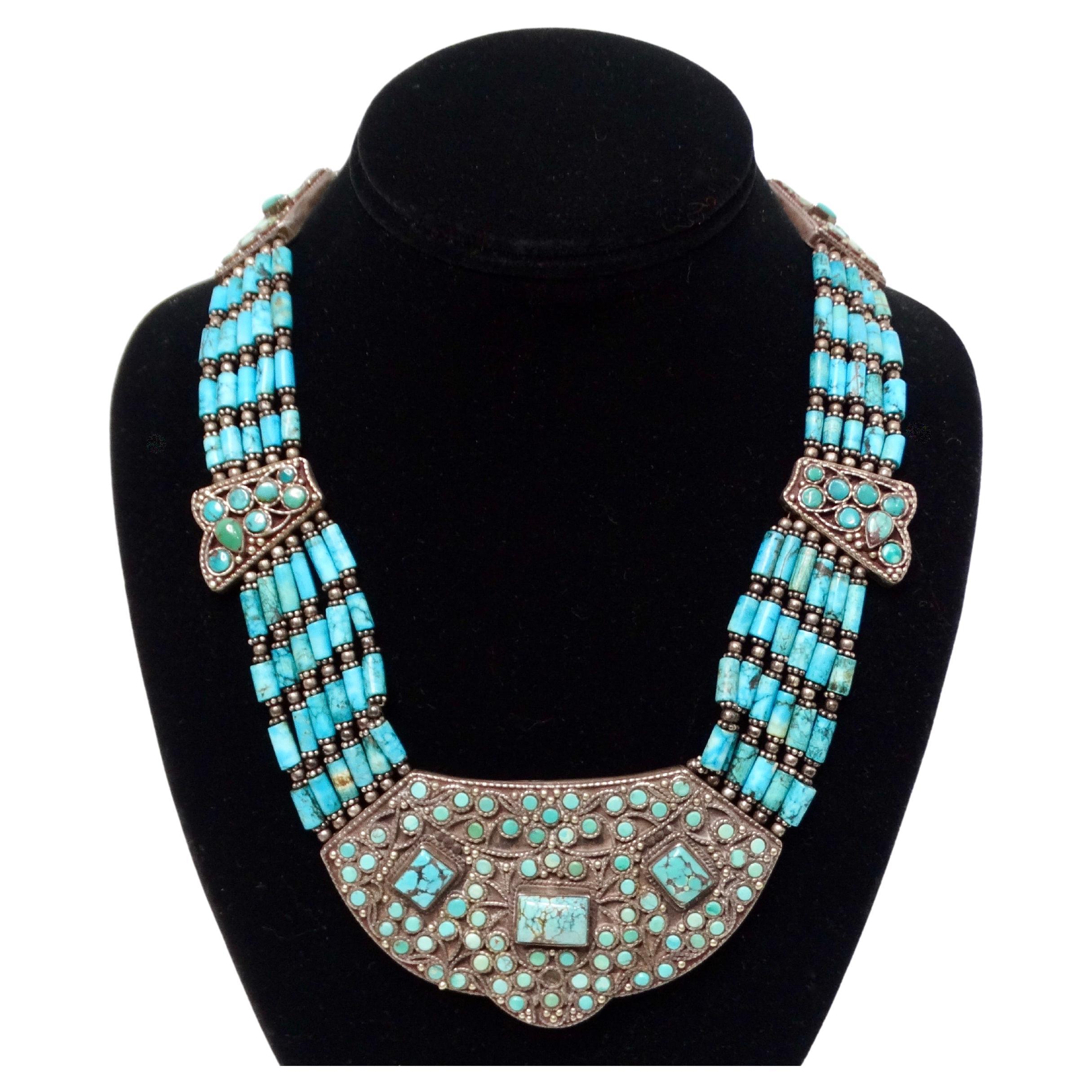 Vintage Turquoise & Sterling Silver Beaded Collar Necklace For Sale