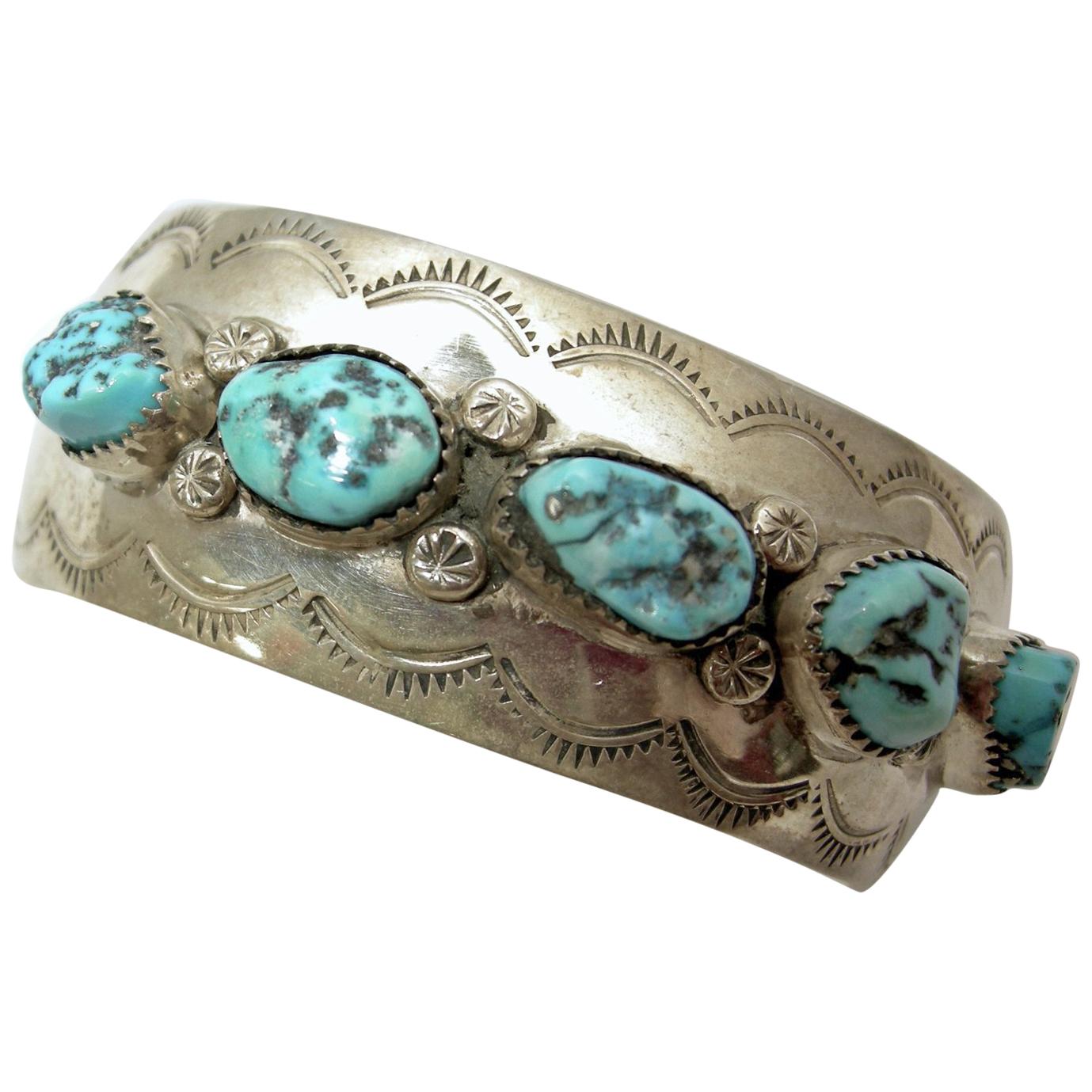 Vintage Turquoise & Sterling Silver Cuff Bracelet For Sale