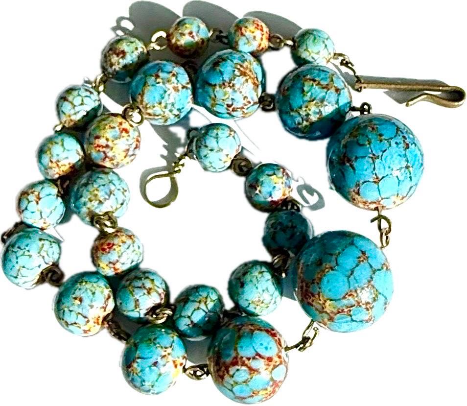 Art Deco Vintage turquoise stone composite graduaded beaded necklace, hook clasp For Sale
