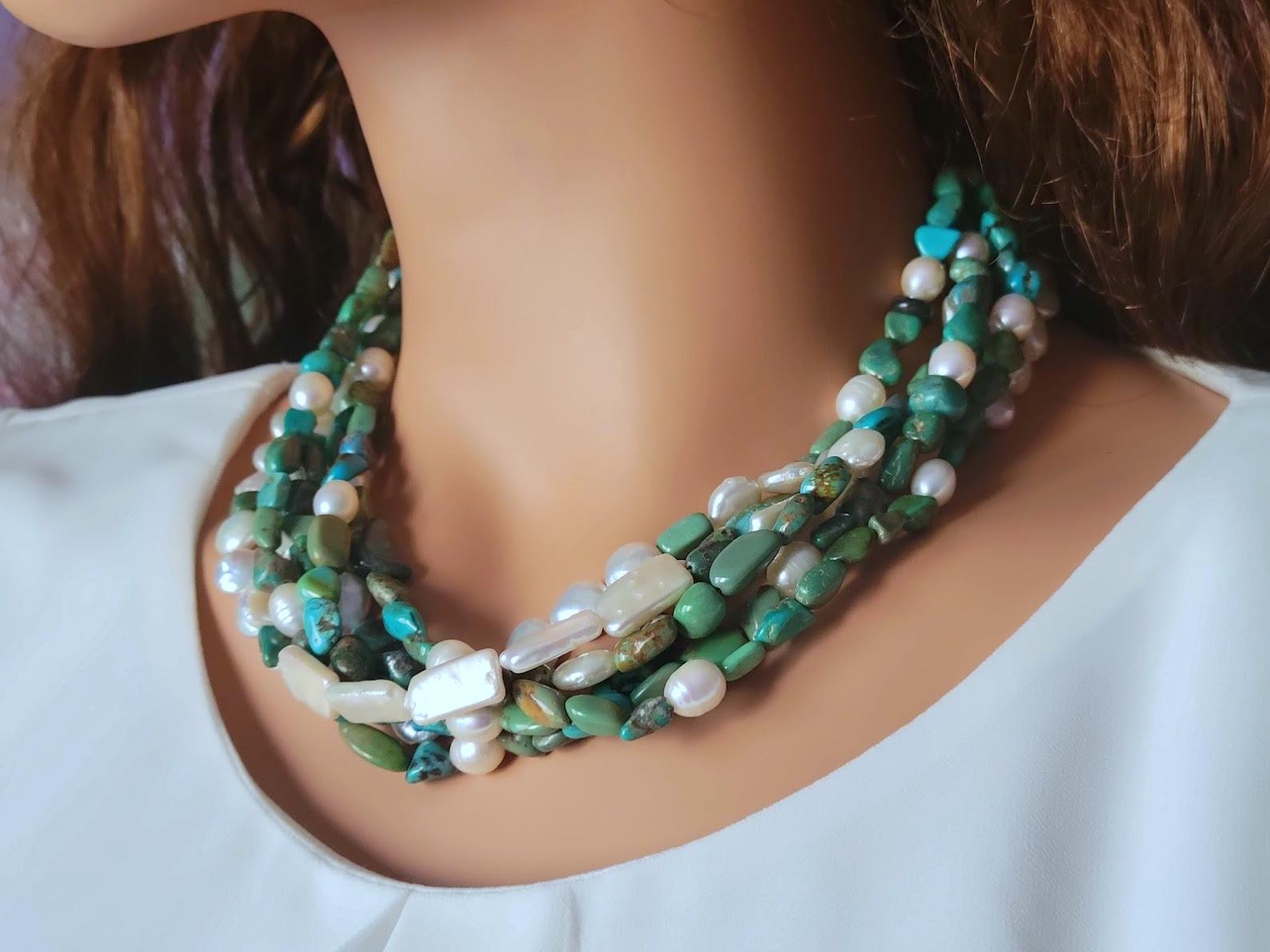 Vintage Turquoise with Pearl Multi-Strand Necklace For Sale 6