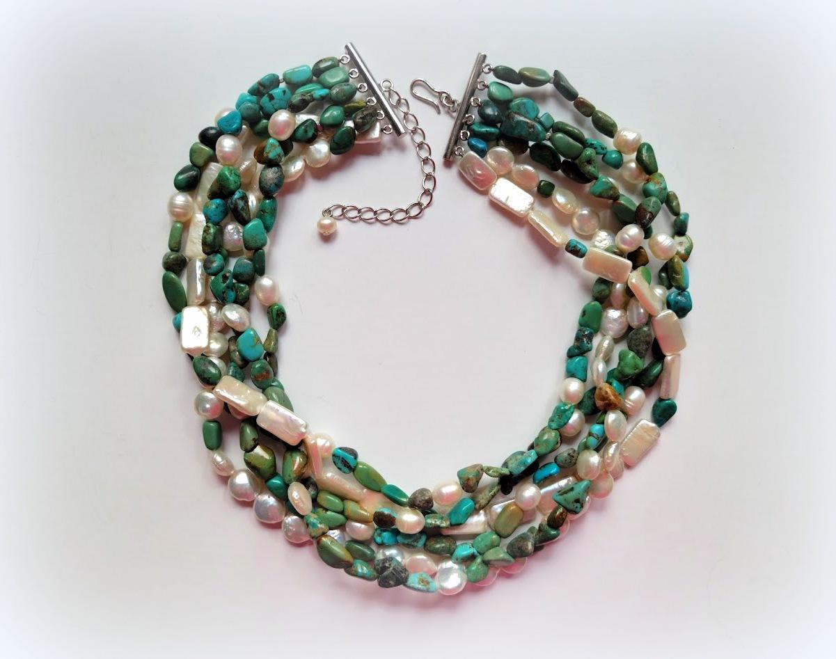 Vintage Turquoise with Pearl Multi-Strand Necklace For Sale 7