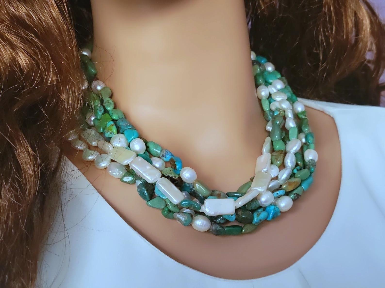 Bead Vintage Turquoise with Pearl Multi-Strand Necklace For Sale