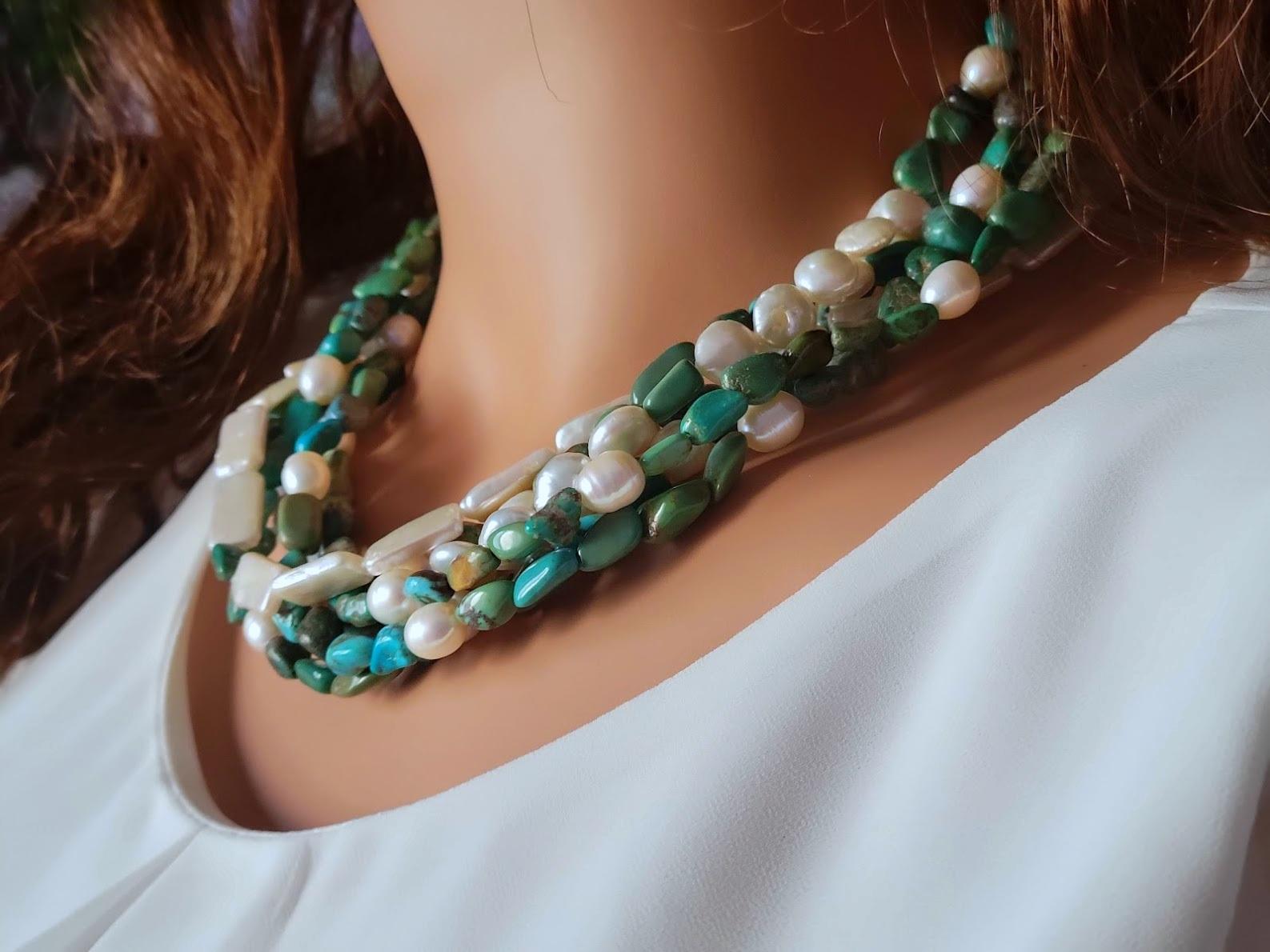 Women's Vintage Turquoise with Pearl Multi-Strand Necklace For Sale