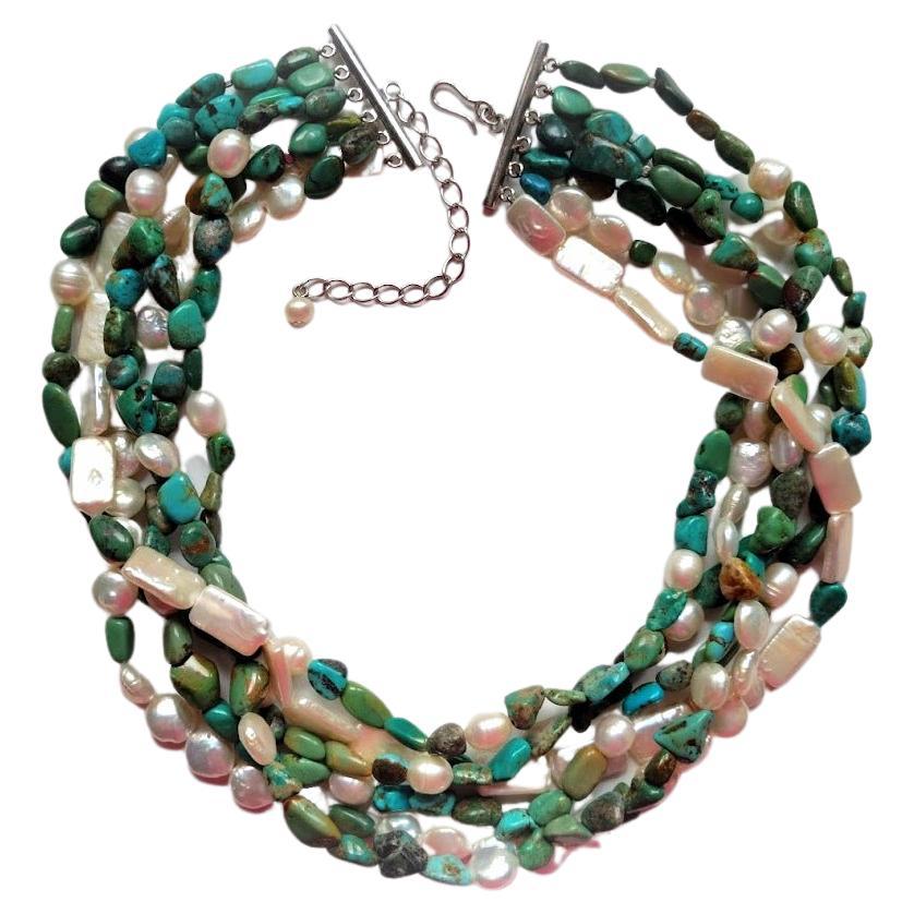 Vintage Turquoise with Pearl Multi-Strand Necklace For Sale