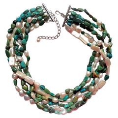 Retro Turquoise with Pearl Multi-Strand Necklace