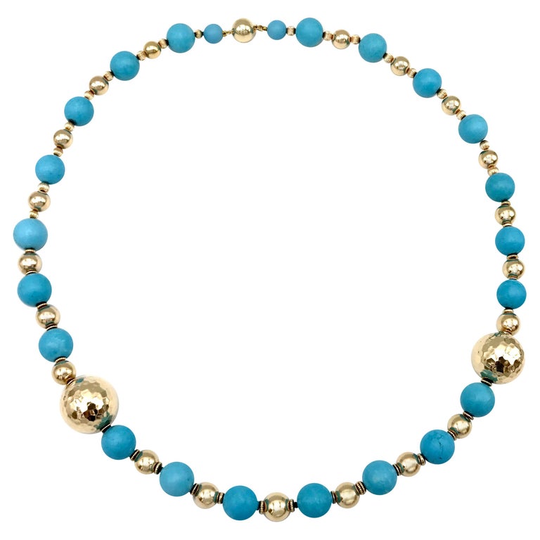 Vintage Turquoise Yellow Gold Bead Necklace For Sale at 1stDibs