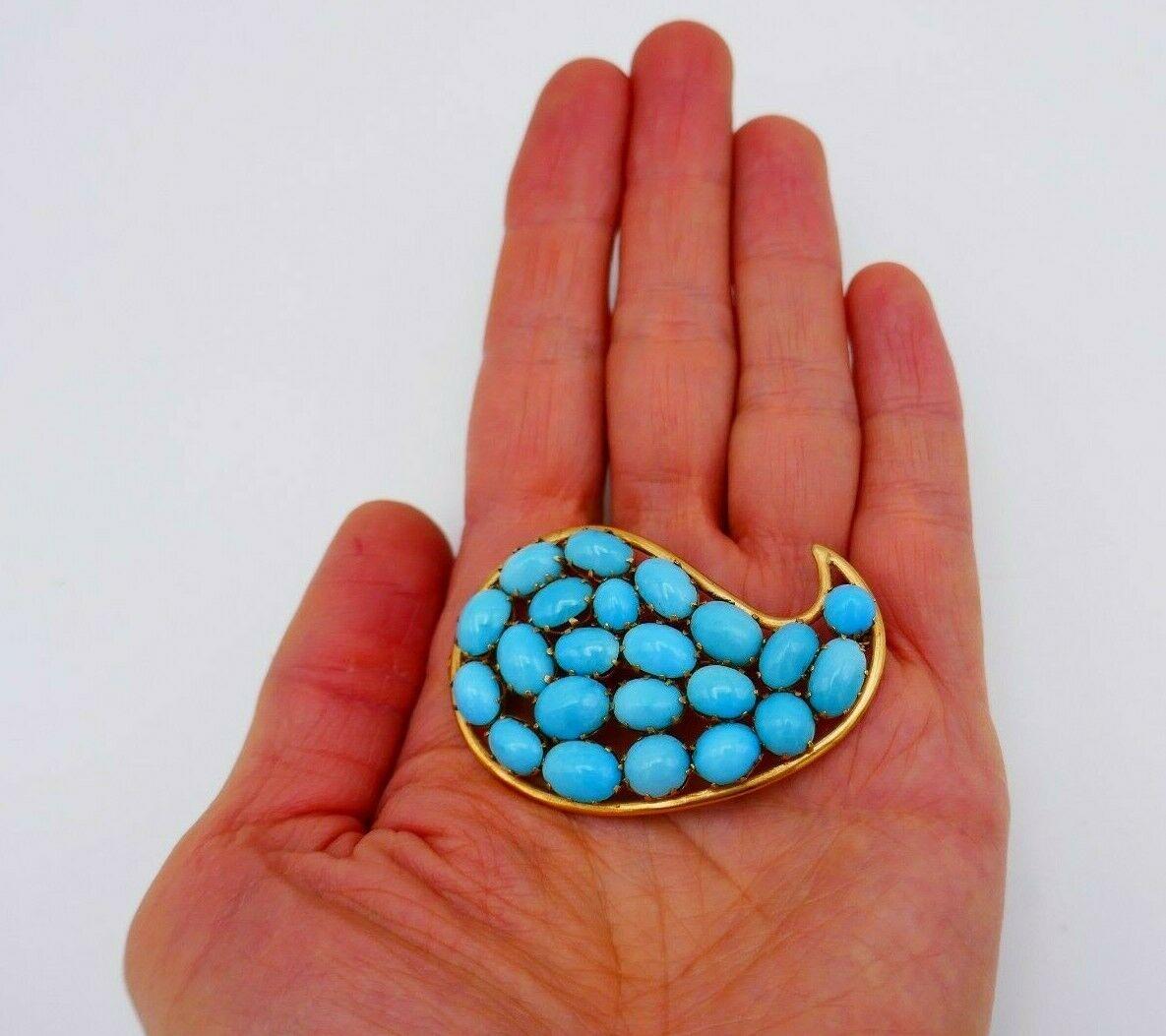 Cabochon Vintage Turquoise Yellow Gold Pin Brooch For Sale
