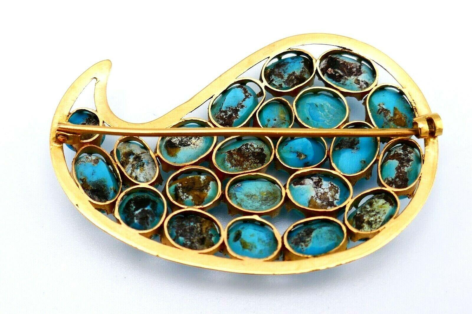 Women's or Men's Vintage Turquoise Yellow Gold Pin Brooch For Sale