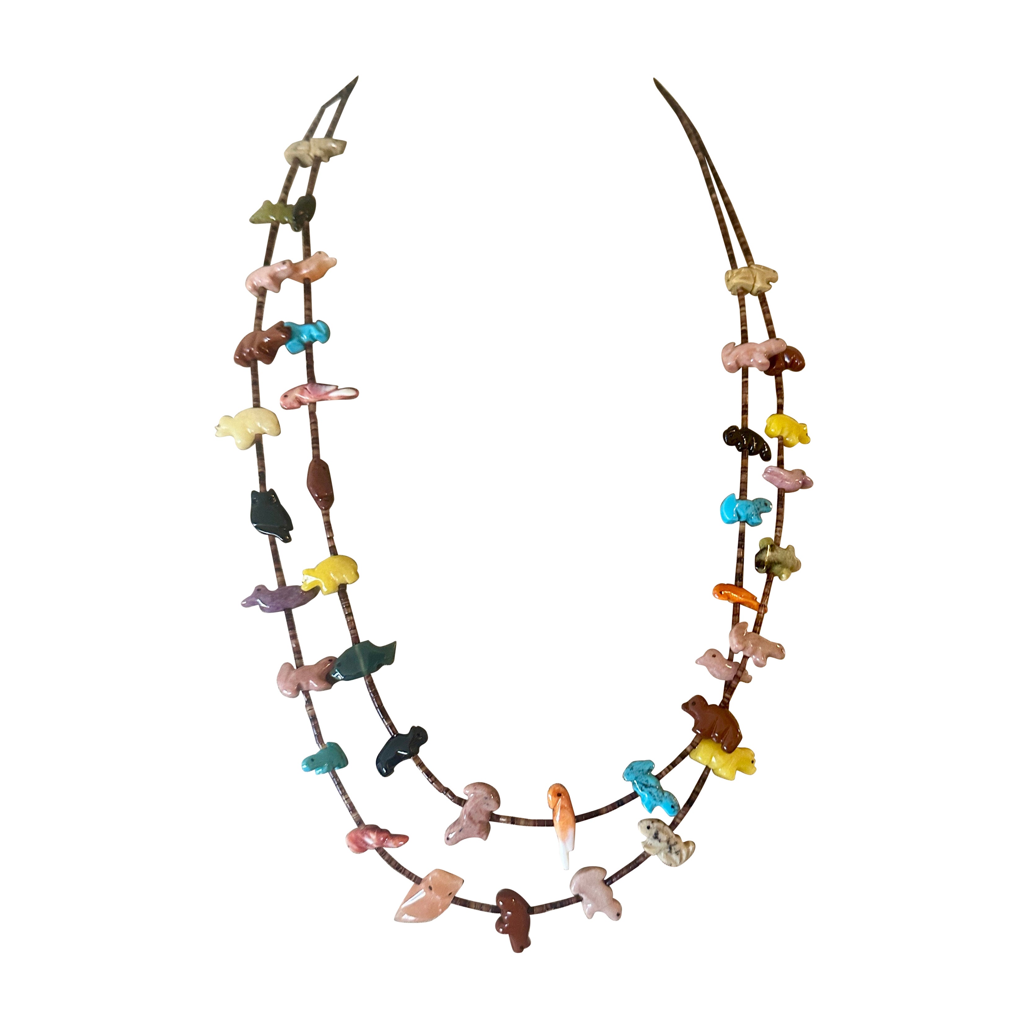 Vintage Turquoise Zuni 40 Fetish Necklace Native American Indian Silver Heishi