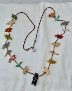 Zuni, collier vintage ours fétiche oiseau, argent amérindien et turquoise