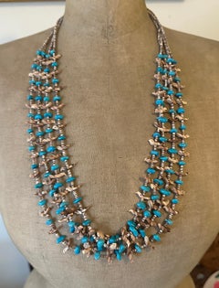 Vintage Turquoise Zuni Bird Fetish Necklace Native American Indian Silver Heishi