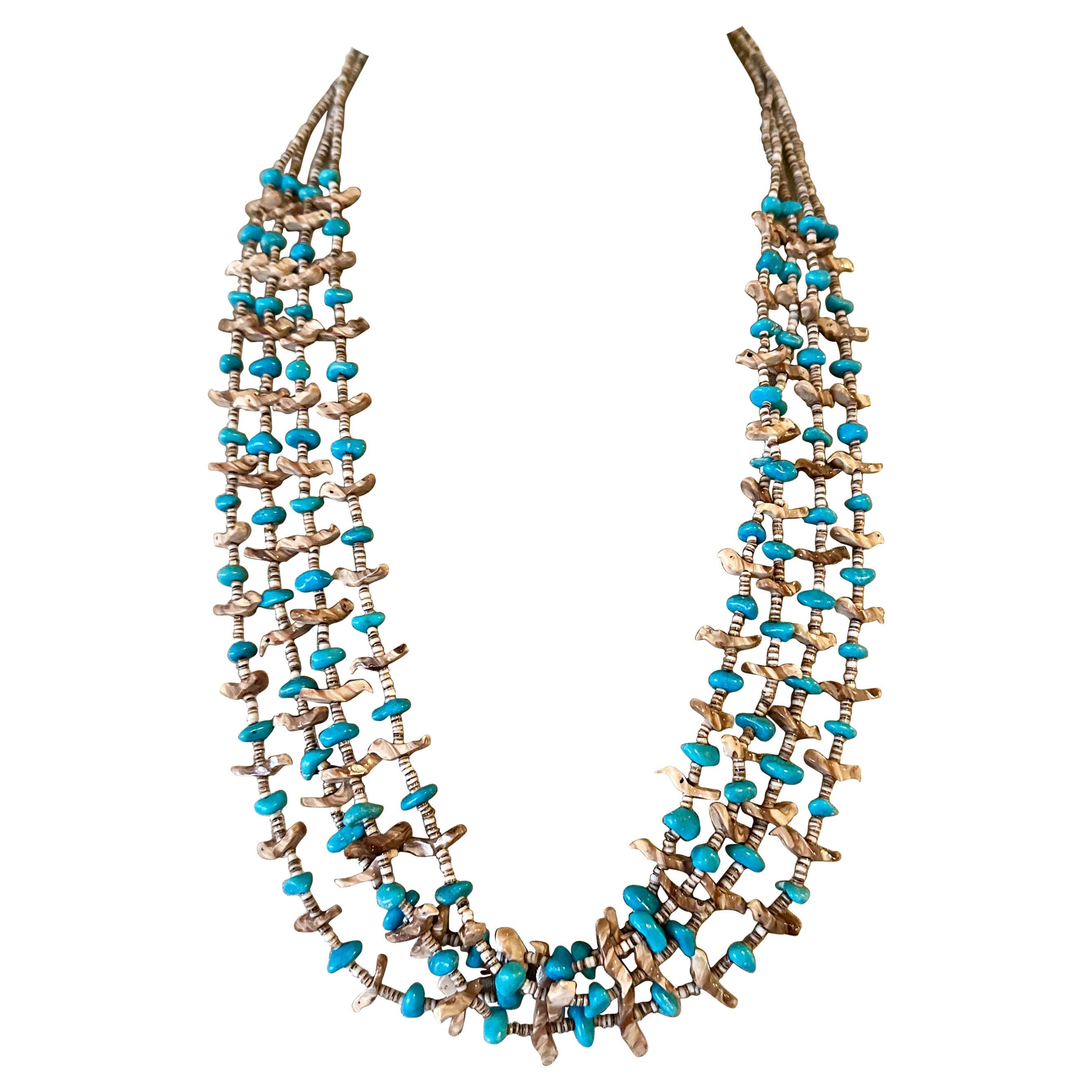 Vintage Turquoise Zuni Bird Fetish Necklace Native American Indian Silver Heishi