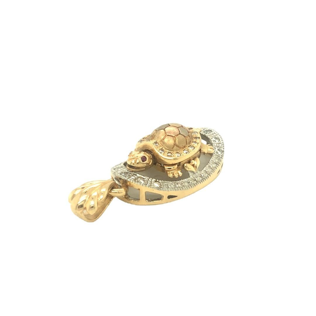 Round Cut Vintage Turtle and Diamond Pendant 14K Tri Color Gold For Sale