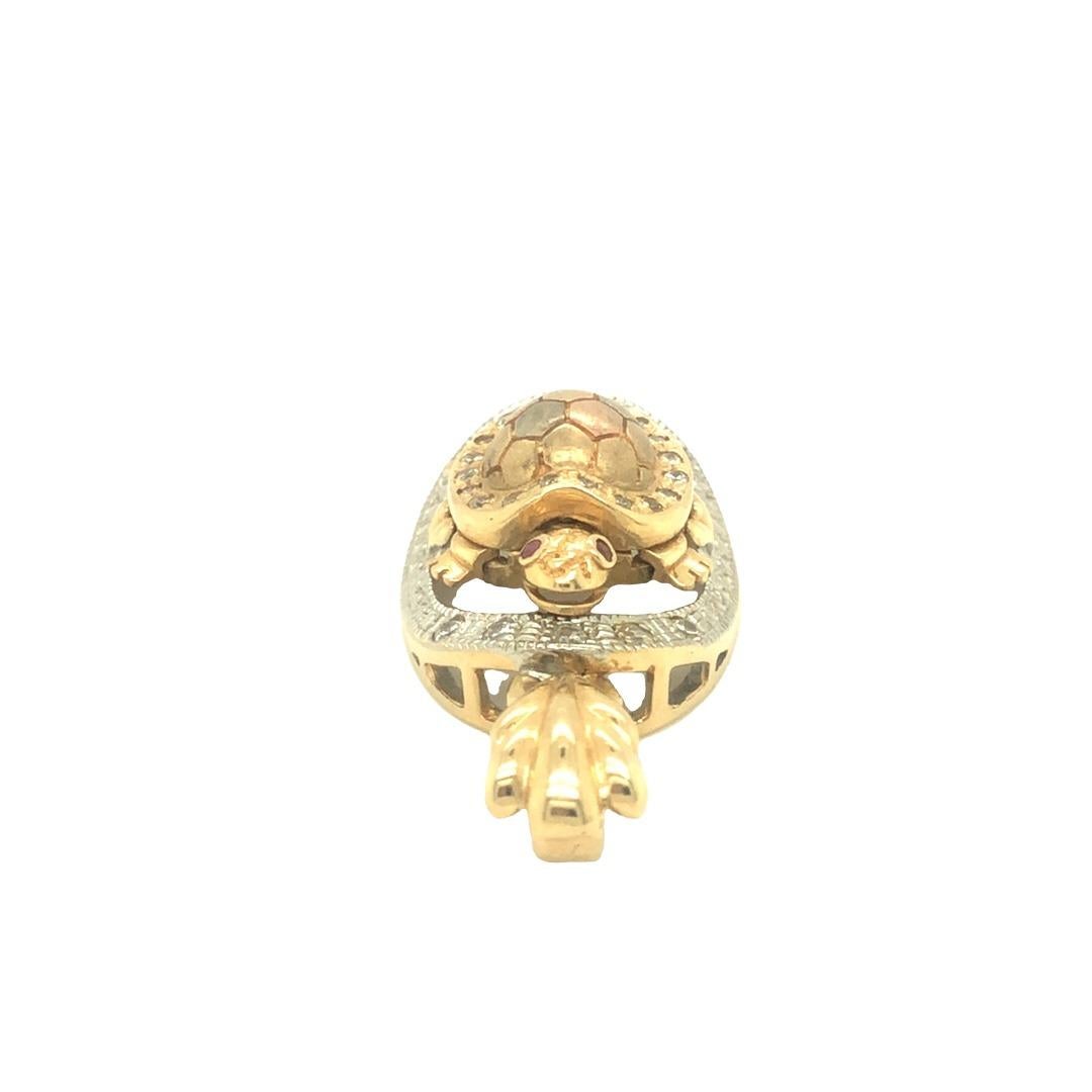 Vintage Turtle and Diamond Pendant 14K Tri Color Gold In Excellent Condition For Sale In beverly hills, CA