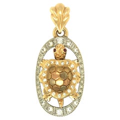 Vintage Turtle and Diamond Pendant 14K Tri Color Gold