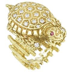 Anello/spilla d'oro e diamante tartaruga vintage in giallo 18 carati.