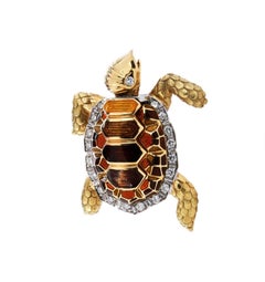 Vintage Turtle Diamond Enamel 18k Gold Brooch Pin