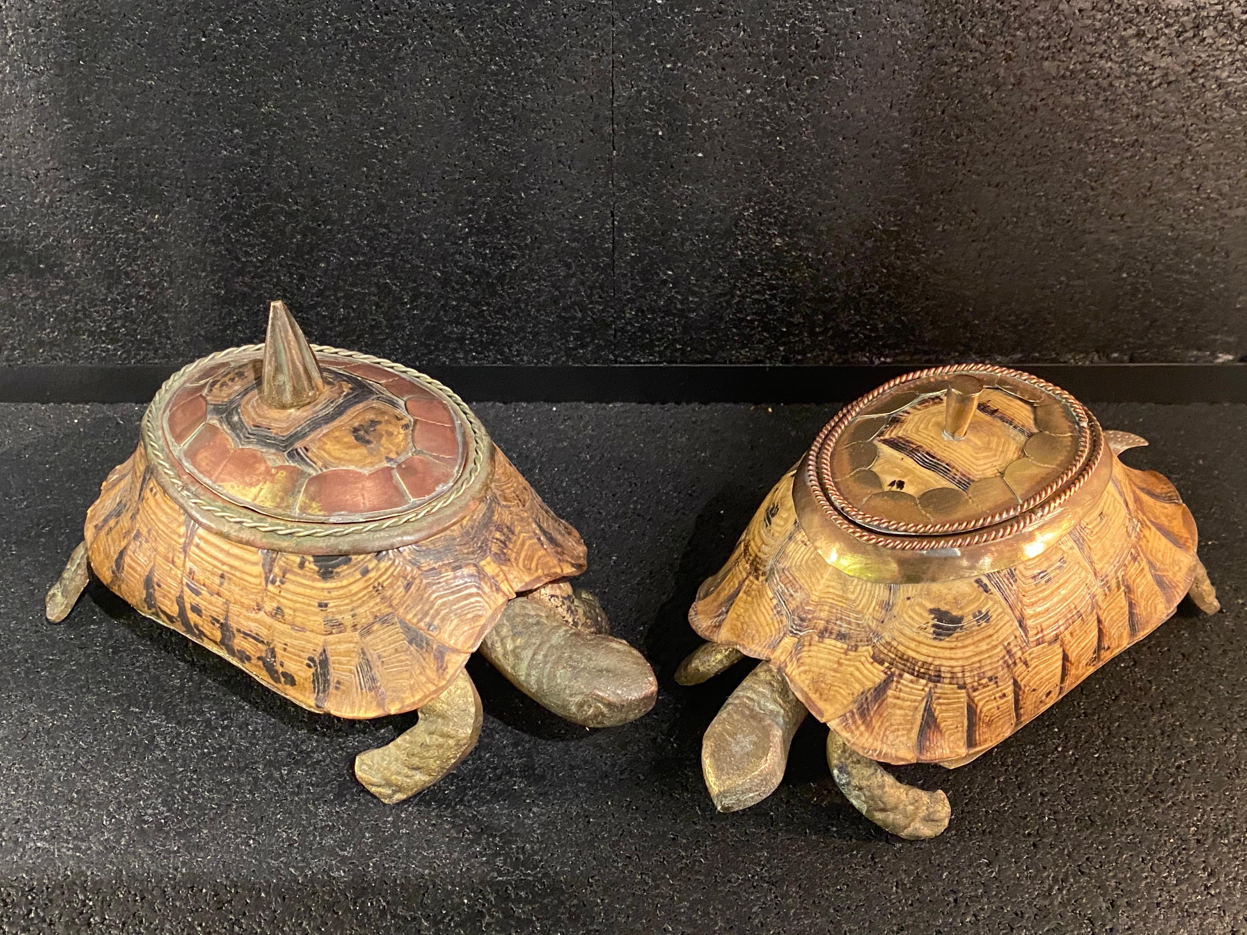 1970s turtle boxes with brass and bronze details.
In the manner of Anthony Redmile
Vintage condition.

 