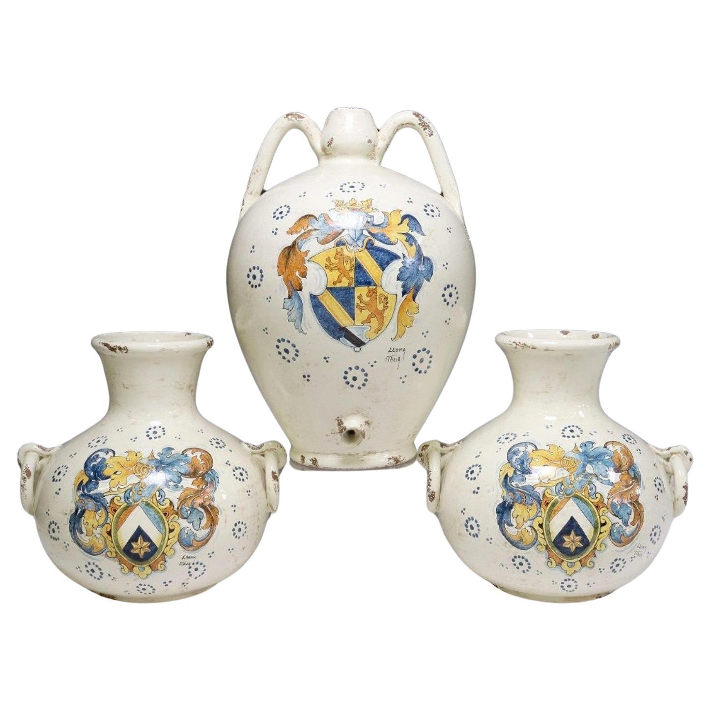 Vintage Tuscan Hand Painted Majolica Jug Vase Garniture Set Signed Leona Italia For Sale