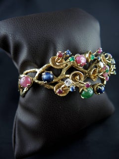 Vintage Tutti Frutti 14 Kt Gold Bracelet With Rubies Sapphires Emeralds Diamonds