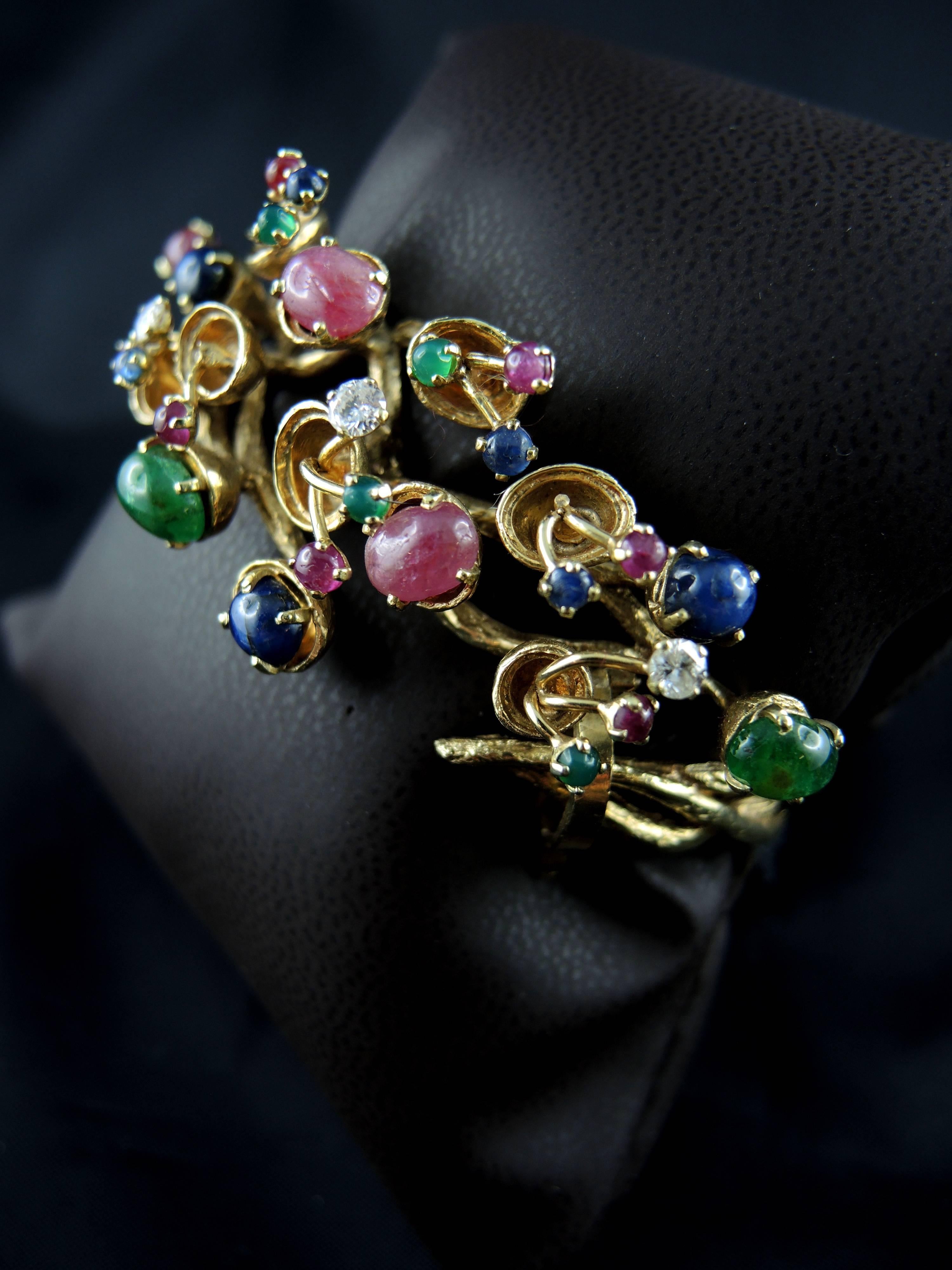 Modernist Vintage Tutti Frutti 14 Kt Gold Bracelet With Rubies Sapphires Emeralds Diamonds For Sale
