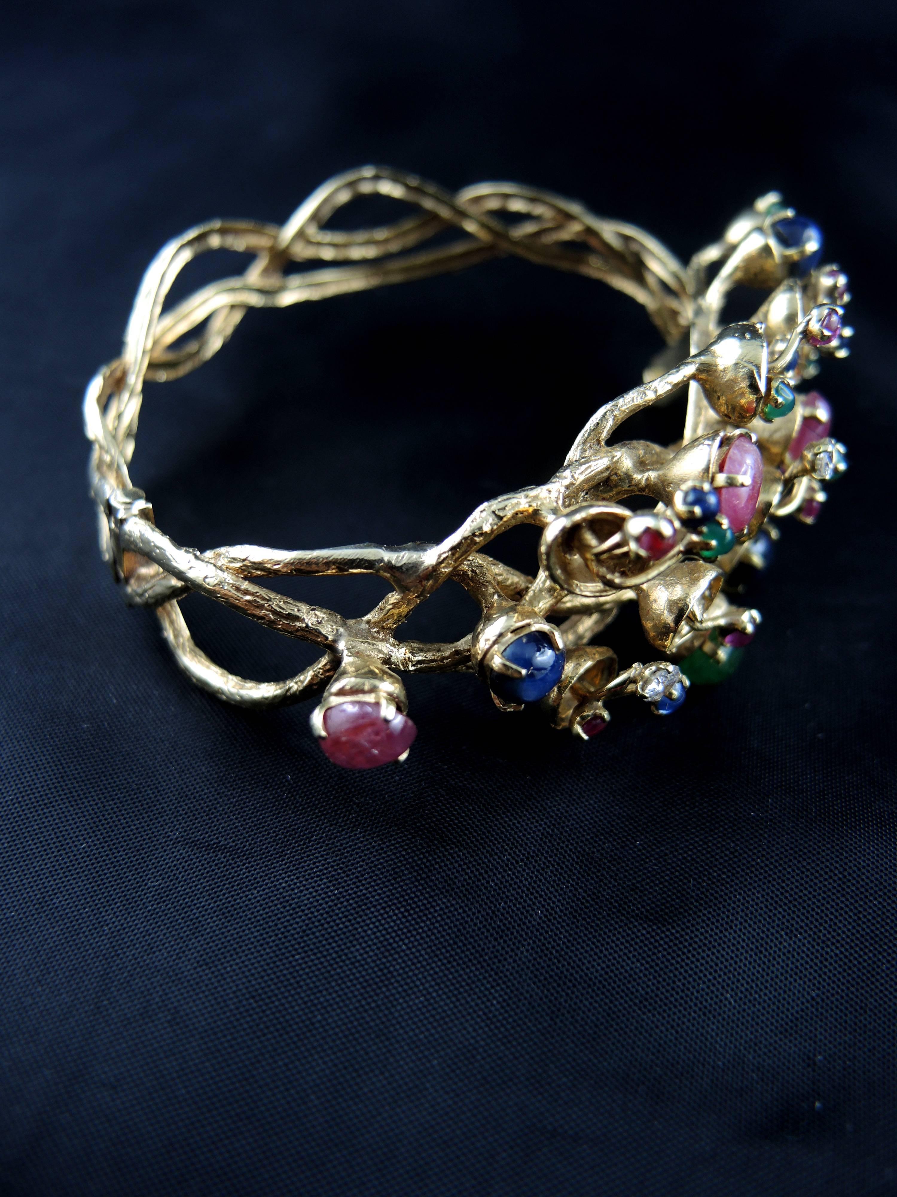 Women's Vintage Tutti Frutti 14 Kt Gold Bracelet With Rubies Sapphires Emeralds Diamonds For Sale