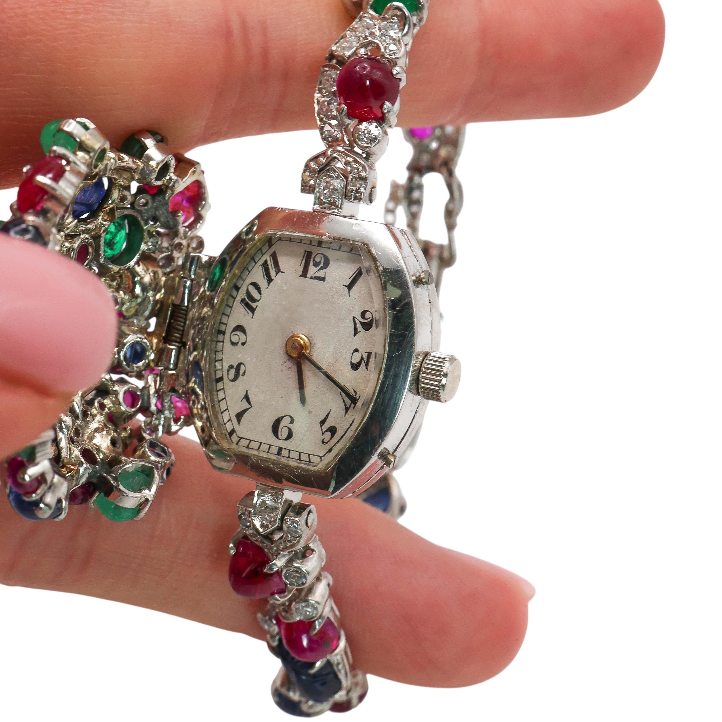 Art Deco Vintage Tutti Frutti Diamond, Sapphire, Ruby, Emerald & Platinum Cocktail Watch For Sale