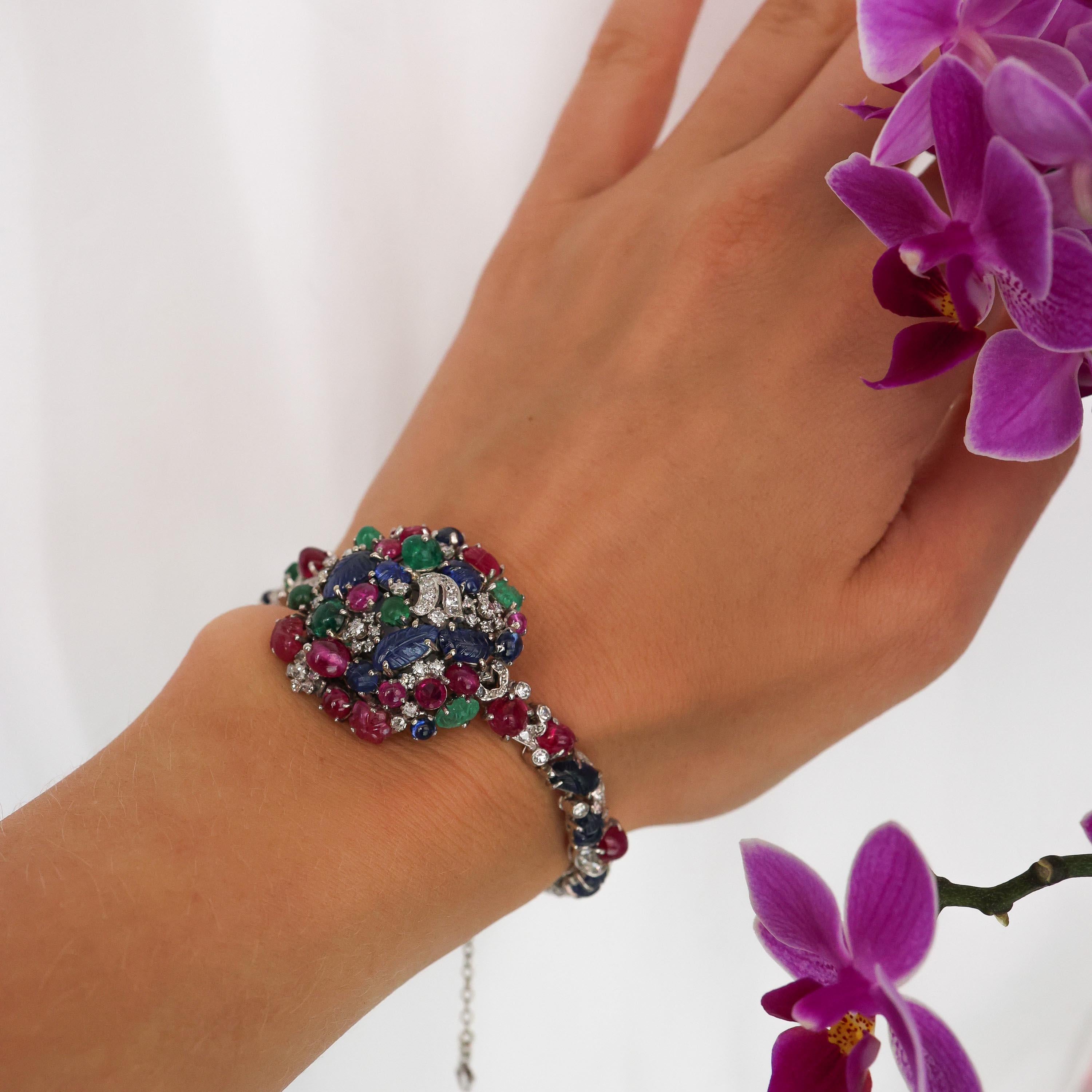 Cabochon Vintage Tutti Frutti Diamond, Sapphire, Ruby, Emerald & Platinum Cocktail Watch For Sale
