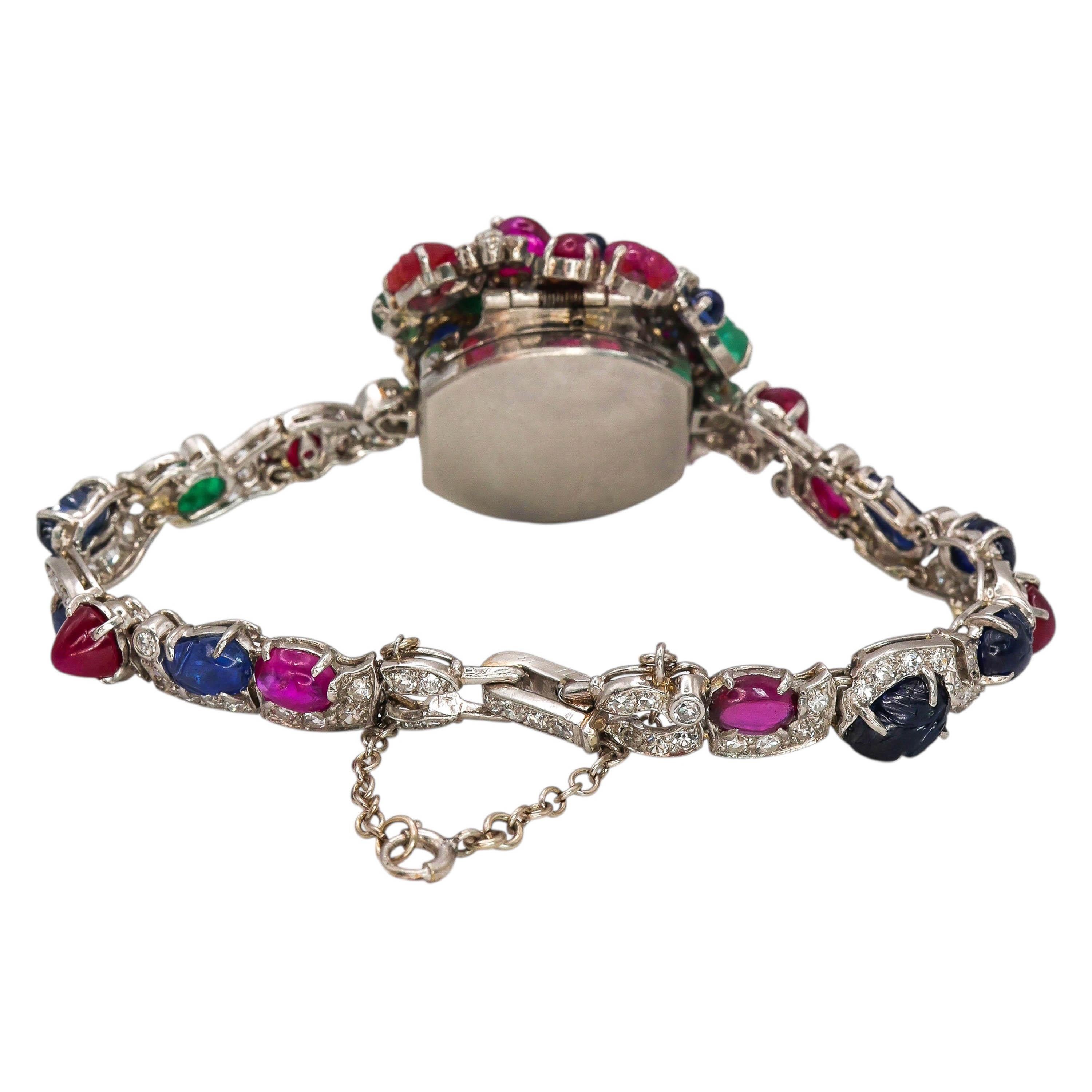 Vintage Tutti Frutti Diamond, Sapphire, Ruby, Emerald & Platinum Cocktail Watch In Good Condition For Sale In London, GB