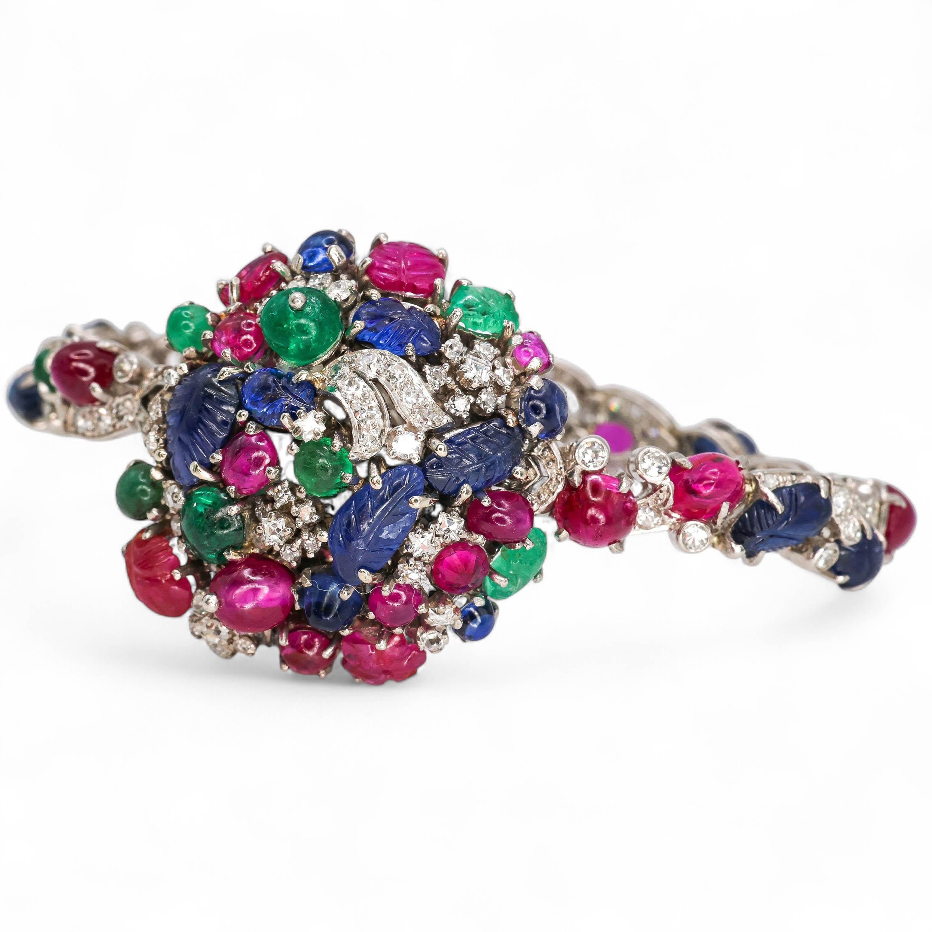 Women's Vintage Tutti Frutti Diamond, Sapphire, Ruby, Emerald & Platinum Cocktail Watch For Sale