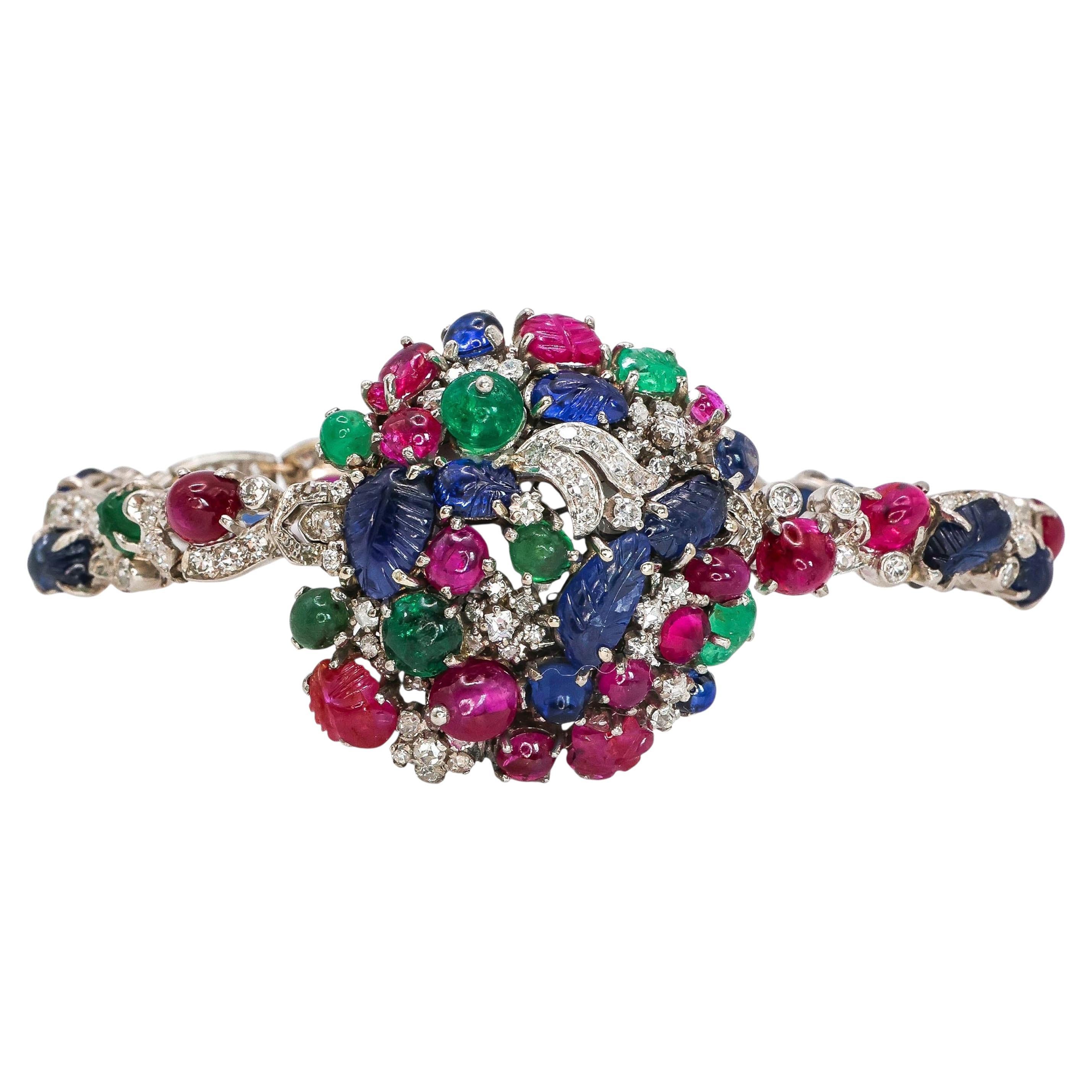 Vintage Tutti Frutti Diamond, Sapphire, Ruby, Emerald & Platinum Cocktail Watch For Sale