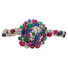 Vintage Tutti Frutti Diamond, Sapphire, Ruby, Emerald & Platinum Cocktail Watch