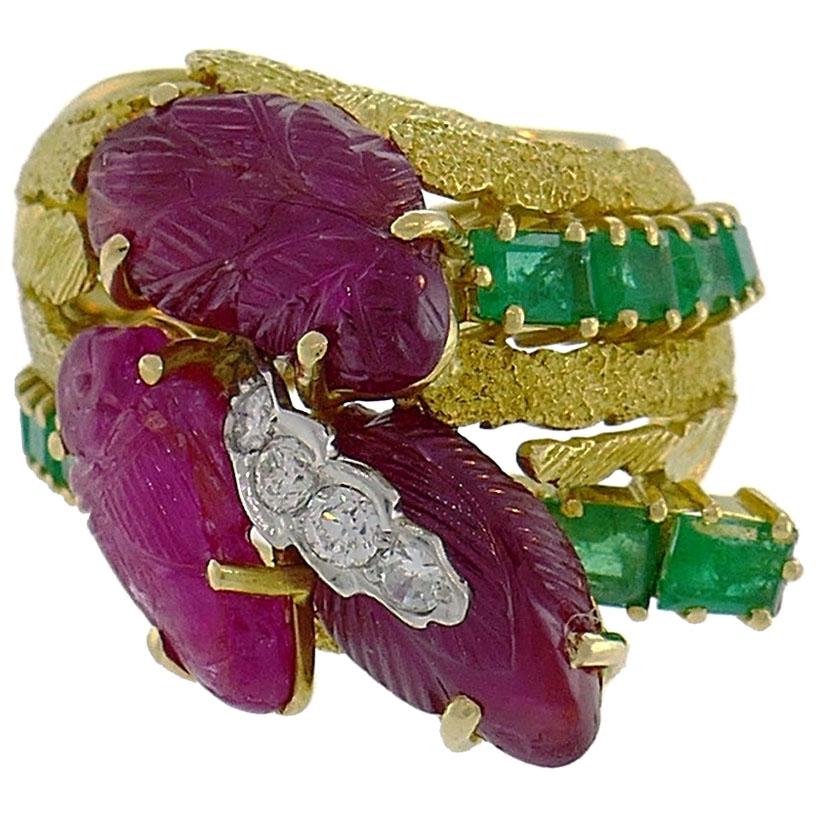 Vintage Tutti-Frutti Gold Ring Diamond Emerald Carved Ruby, 1950s For Sale