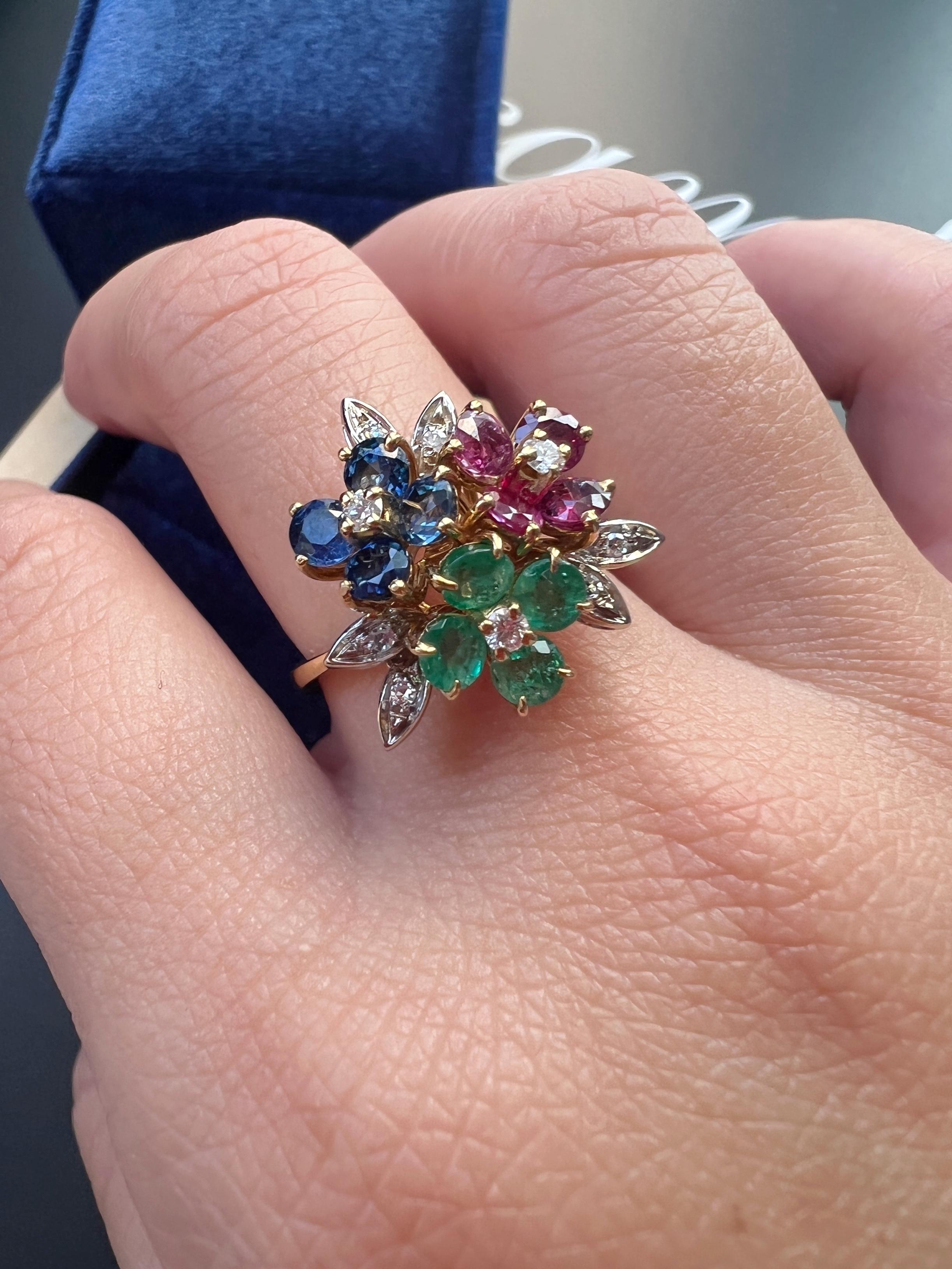 Contemporary Vintage Tutti Frutti Style 18k Gold Diamond Blue Sapphire Ruby and Emerald Flowe