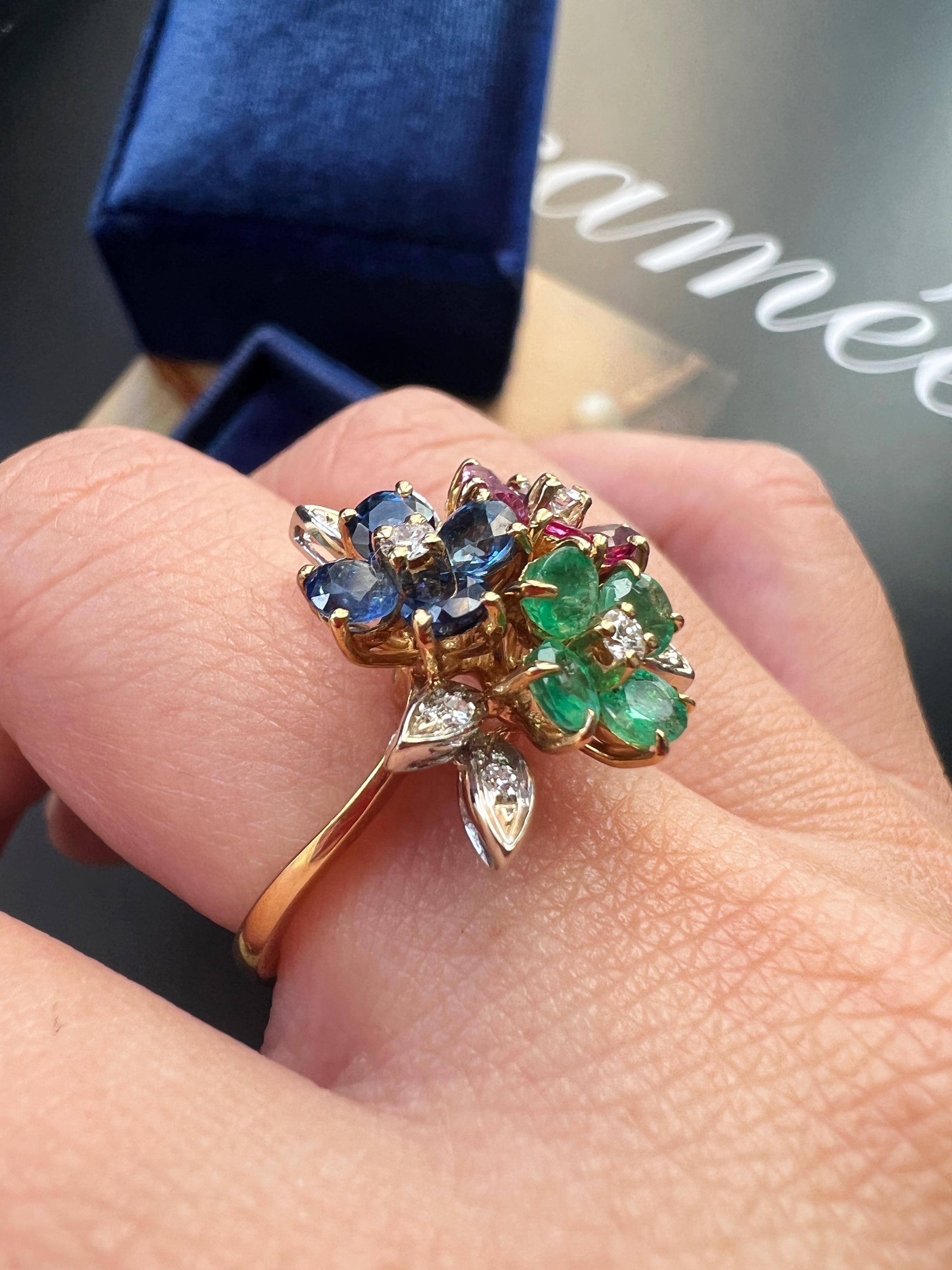 Emerald Cut Vintage Tutti Frutti Style 18k Gold Diamond Blue Sapphire Ruby and Emerald Flowe
